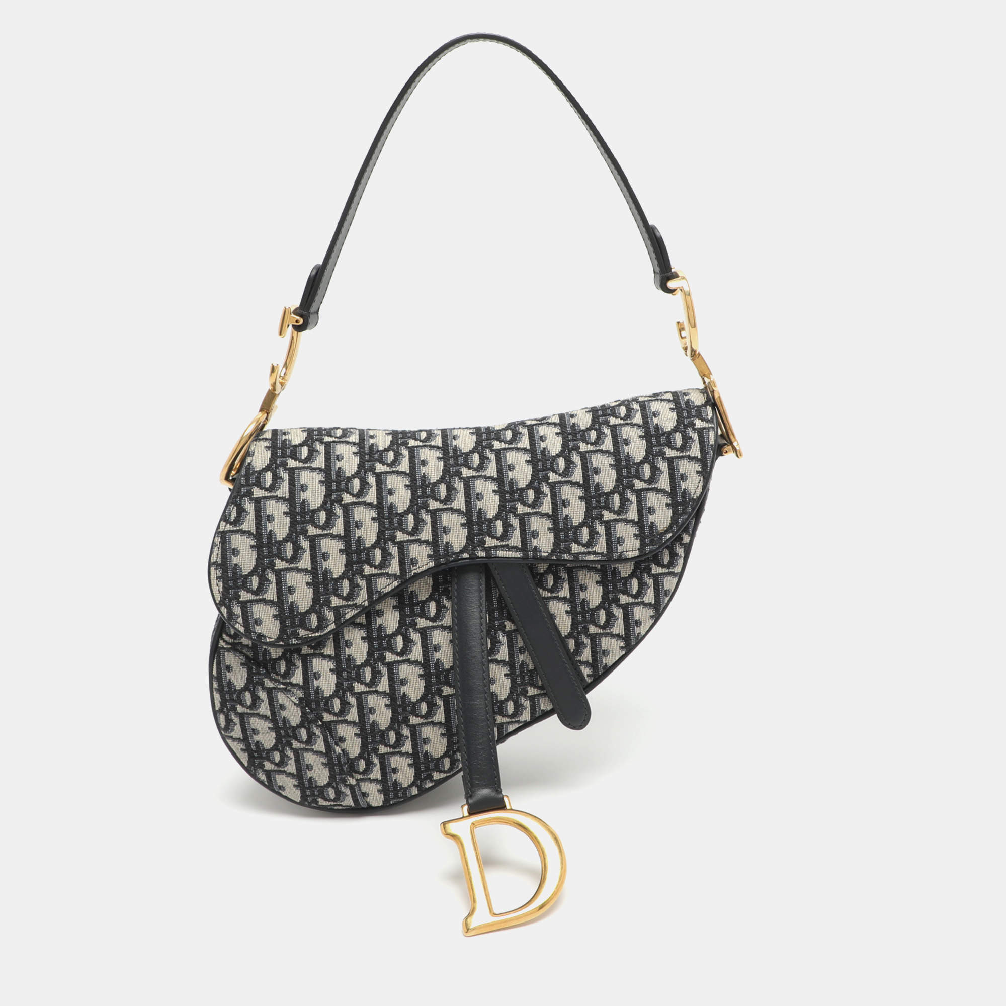 Pre Owned Dior Saddle Navy Blue Oblique Canvas Shoulder Bag