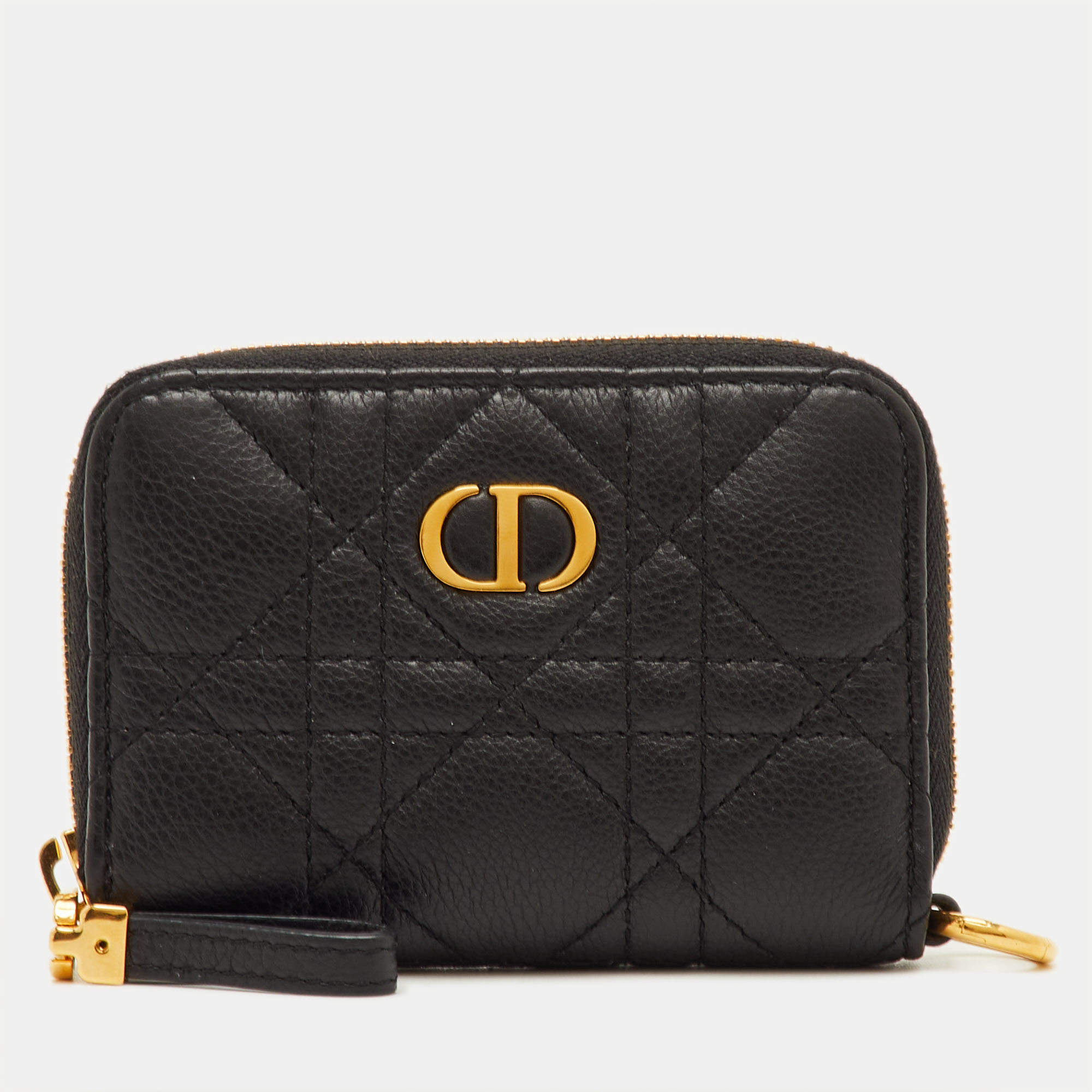 Pre Owned Dior Caro Black Cannage Leather Zip Compact Wallet
