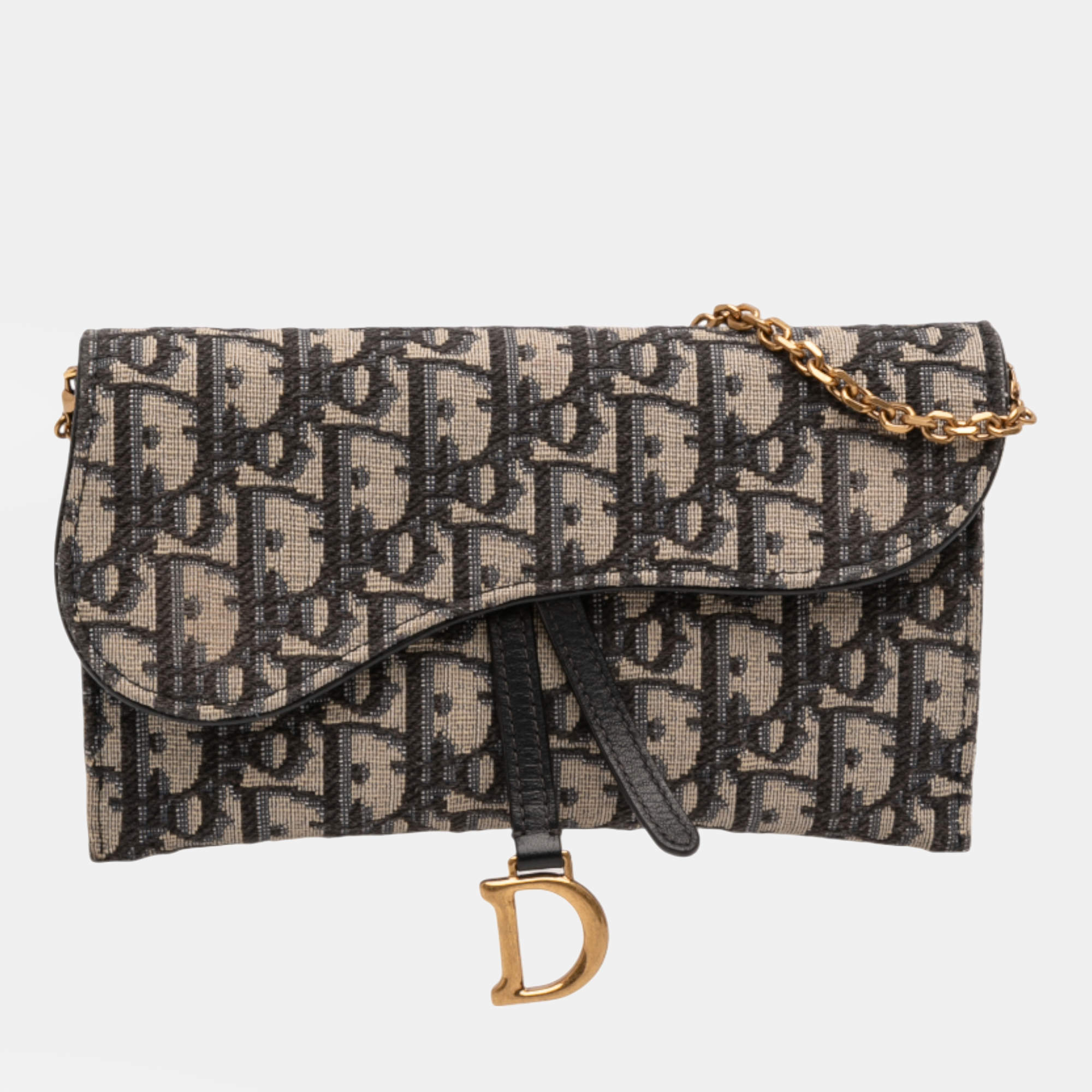Pre Owned Dior Blue Oblique Canvas Saddle Wallet On Chain