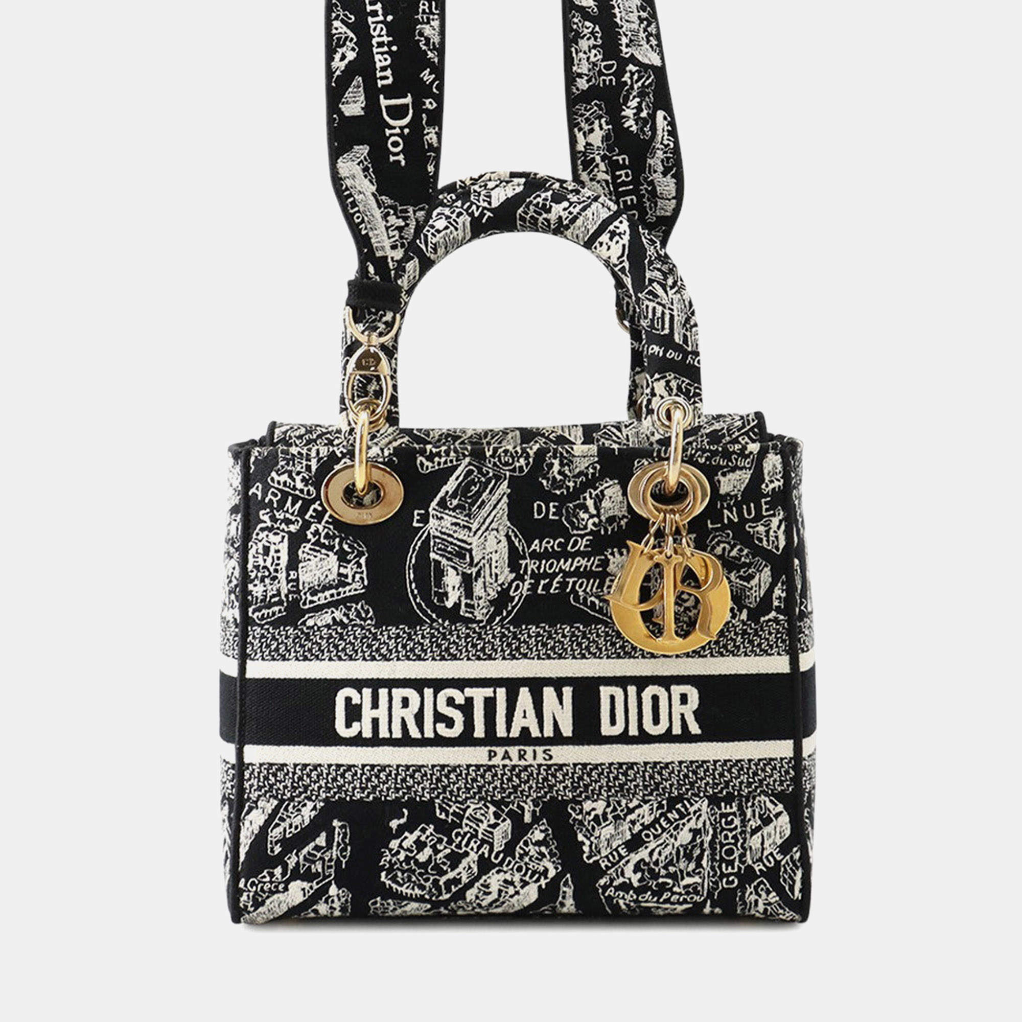 Pre Owned حقيبة ديور ليدي دي لايت قماش أسود/أبيض حجم متوسط