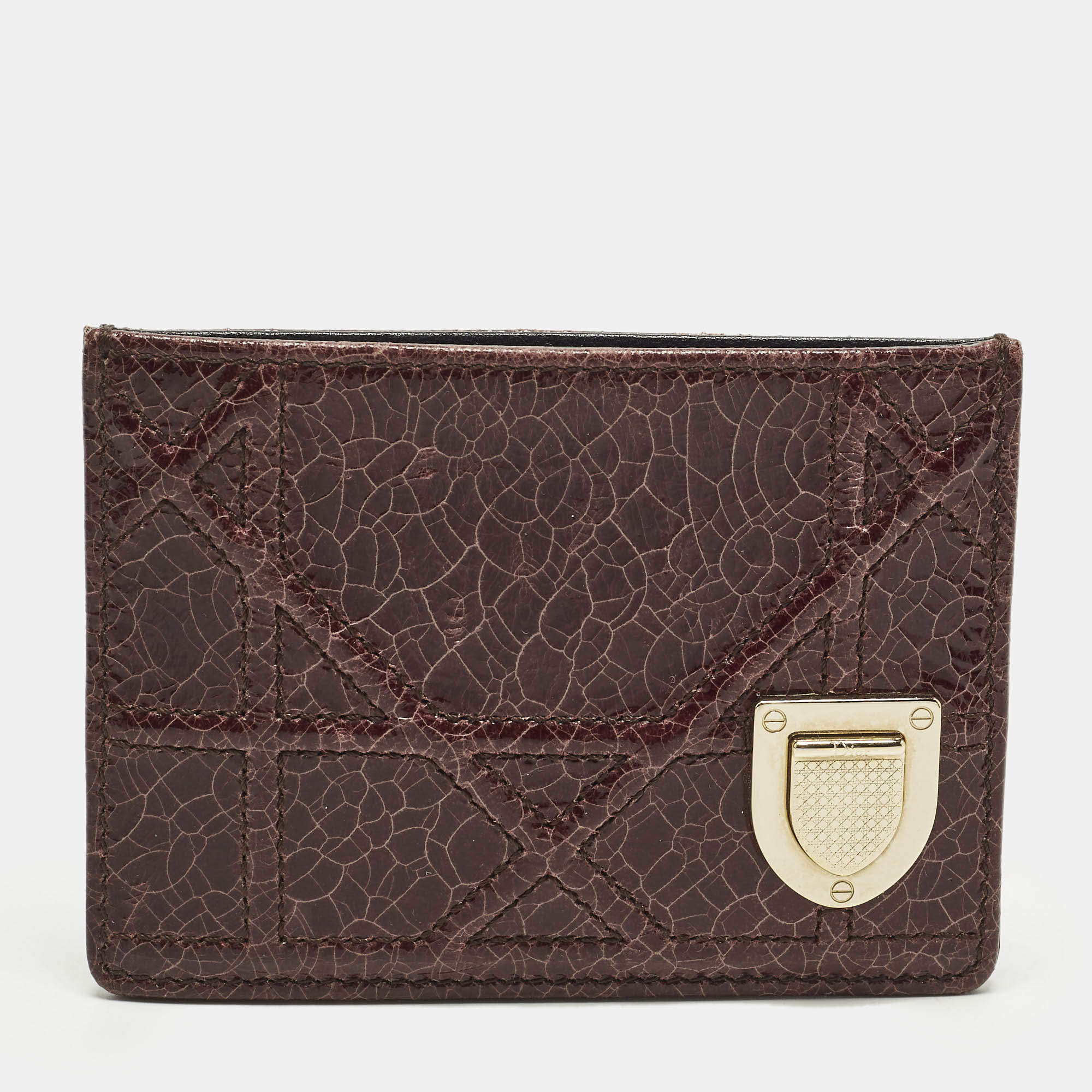 Pre Owned Dior Diorama Burgundy Crackled Patent Leather Card Holder 