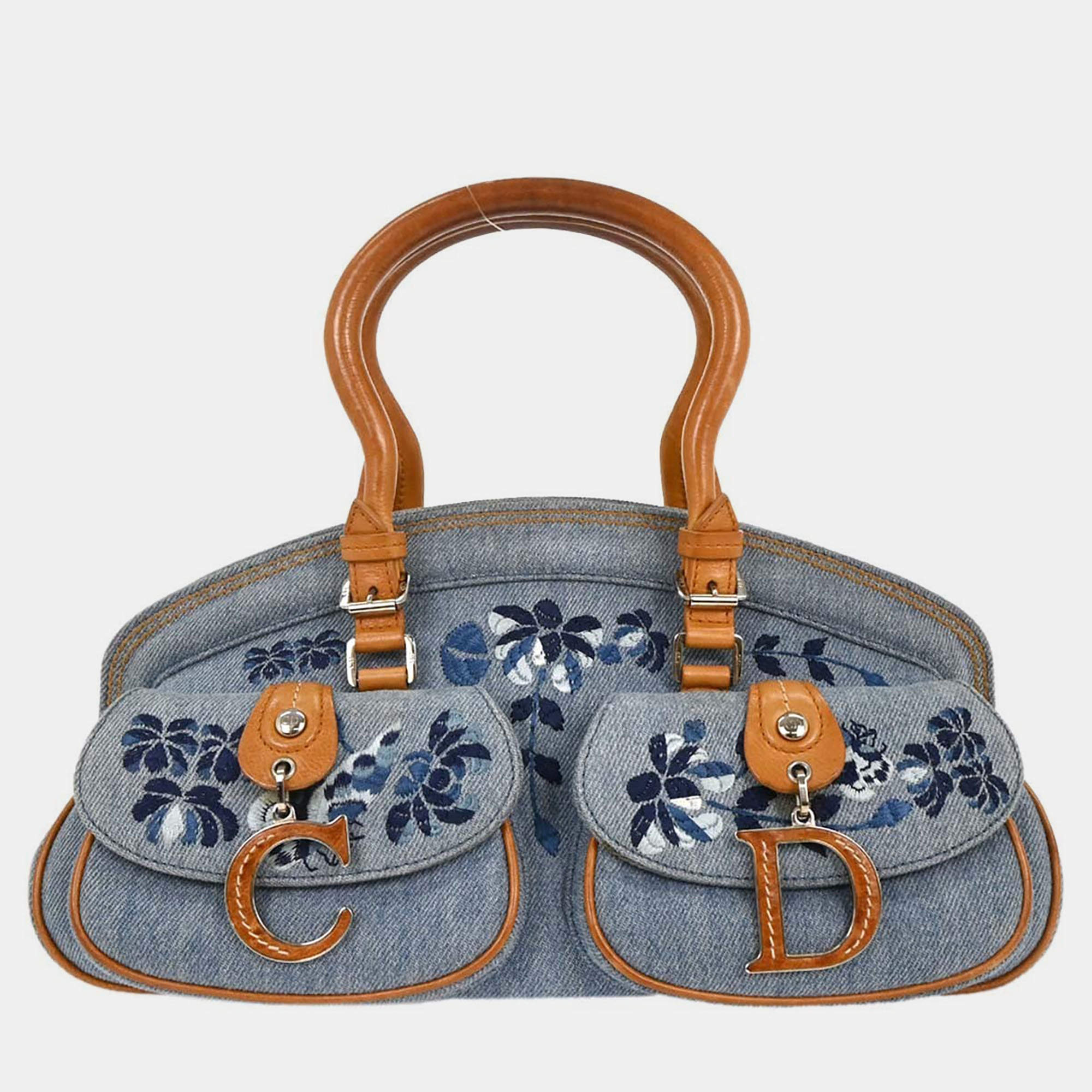 Pre Owned Christian Dior Blue Embroidery Detective Handbag