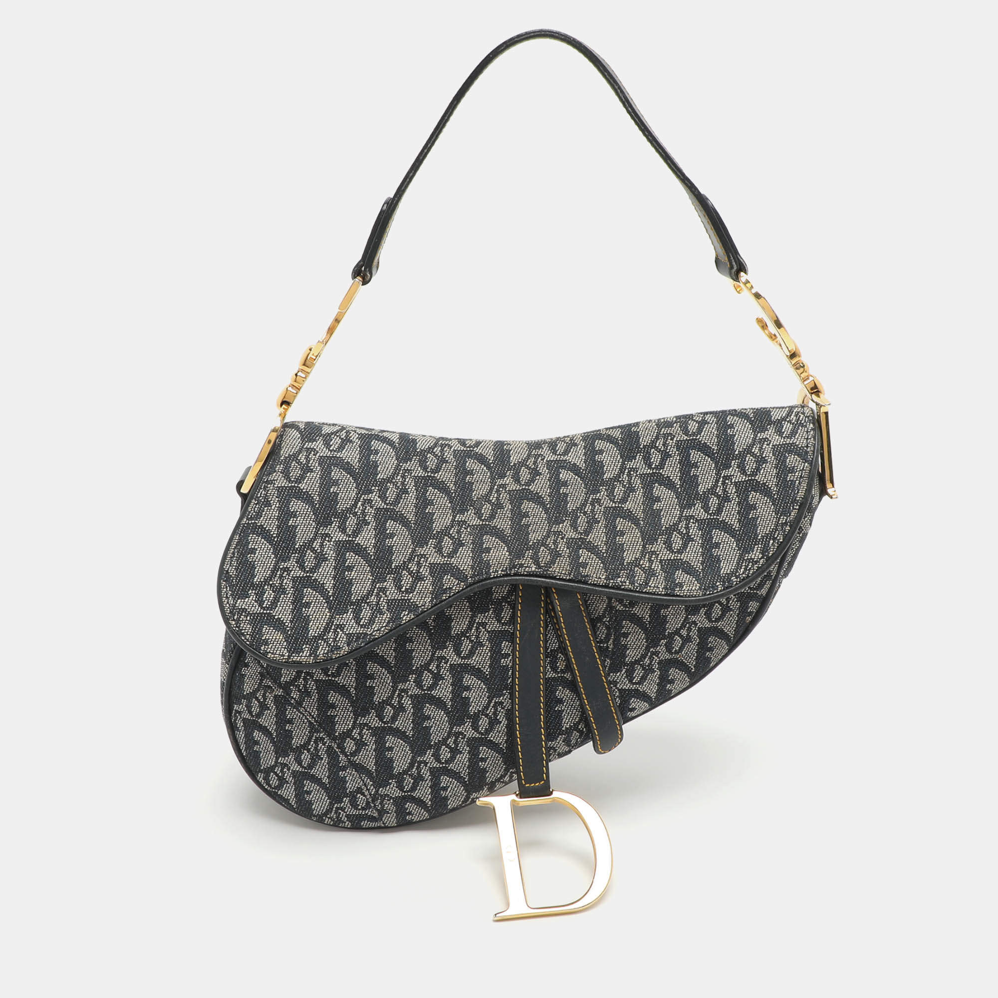 Pre Owned Dior Blue Oblique Denim and Leather Saddle Bag