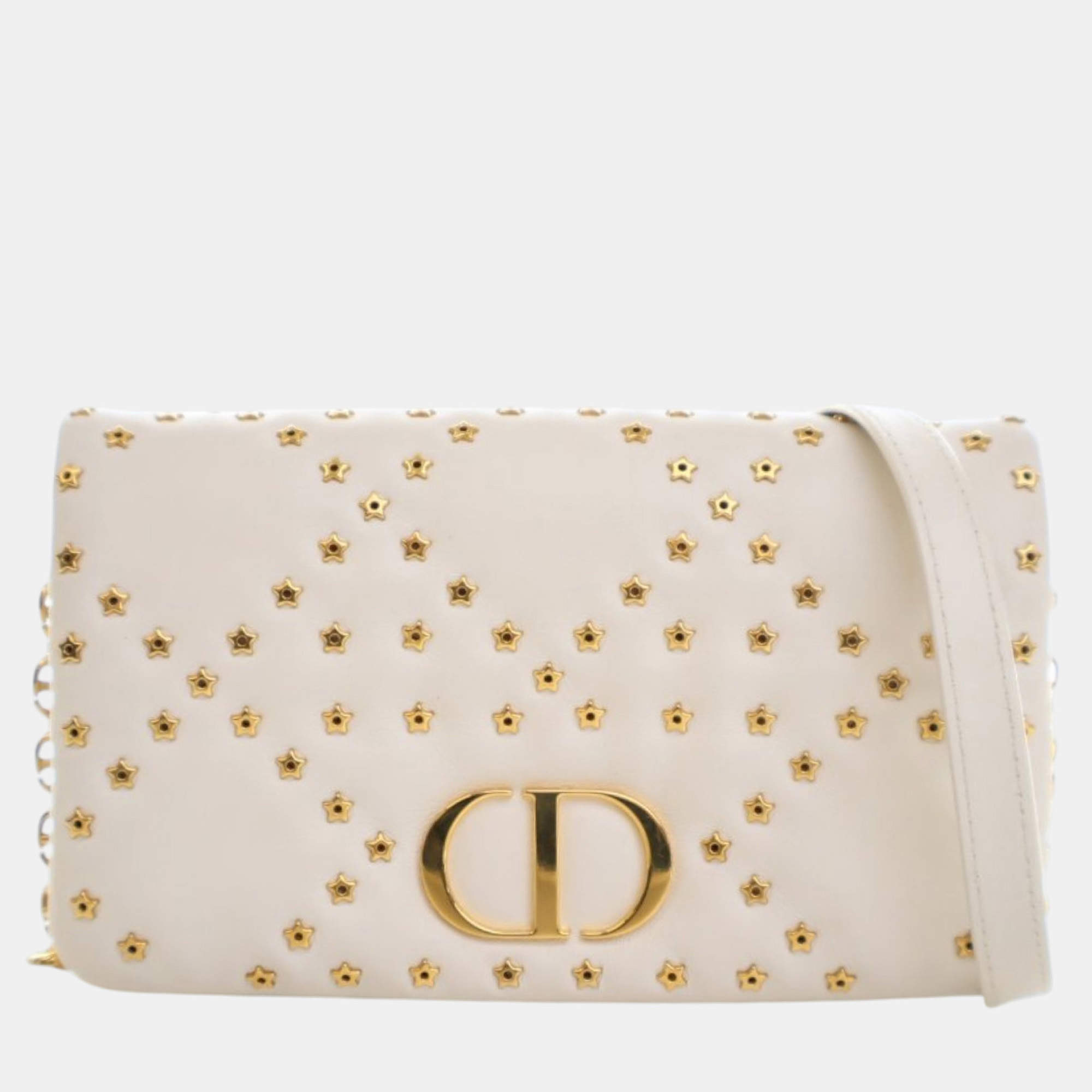 Pre Owned Dior Gold White Mini Lambskin Macrocannage Lucky Star Studded Caro Crossbody
