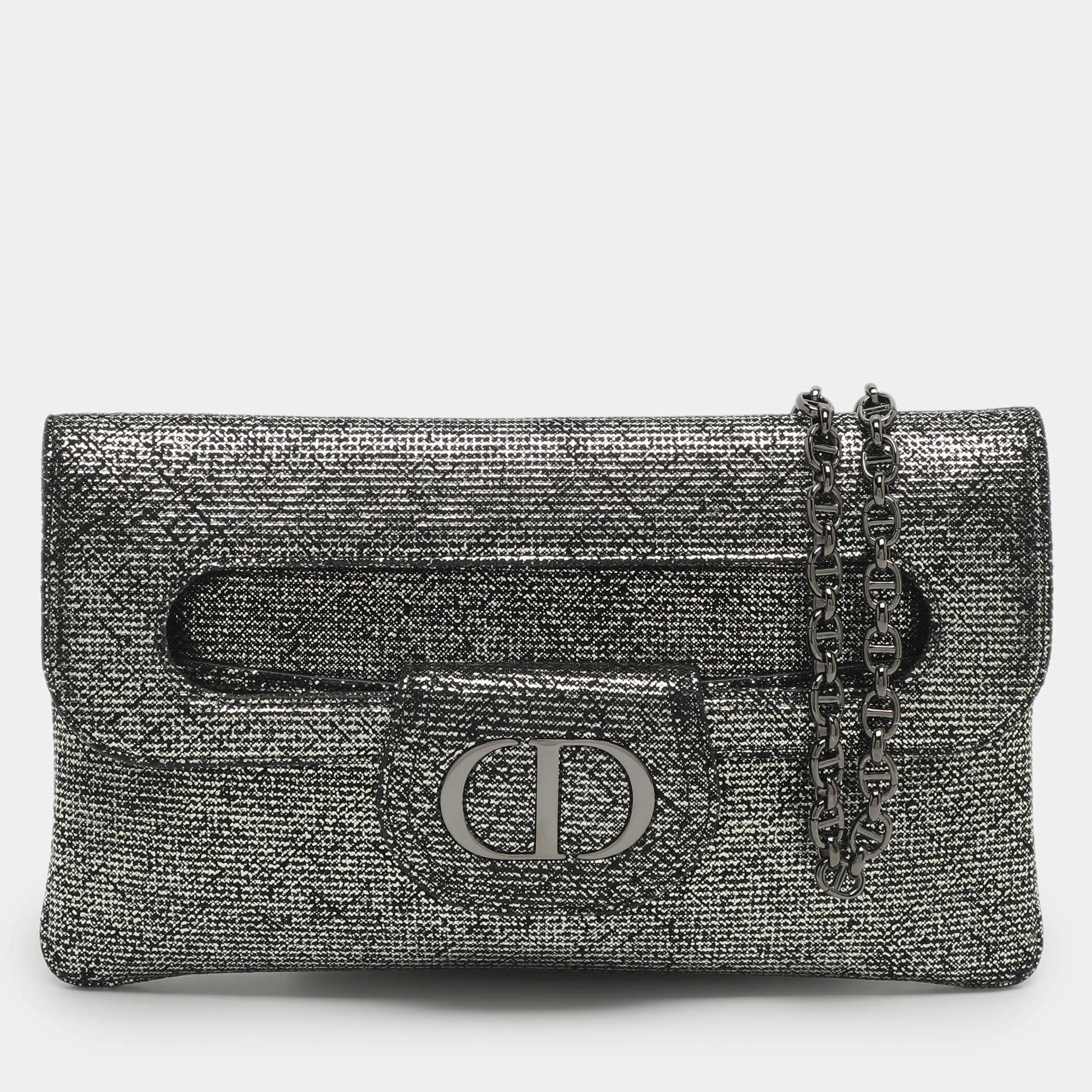 Pre Owned Dior Diordouble Silver Leather Chain Clutch