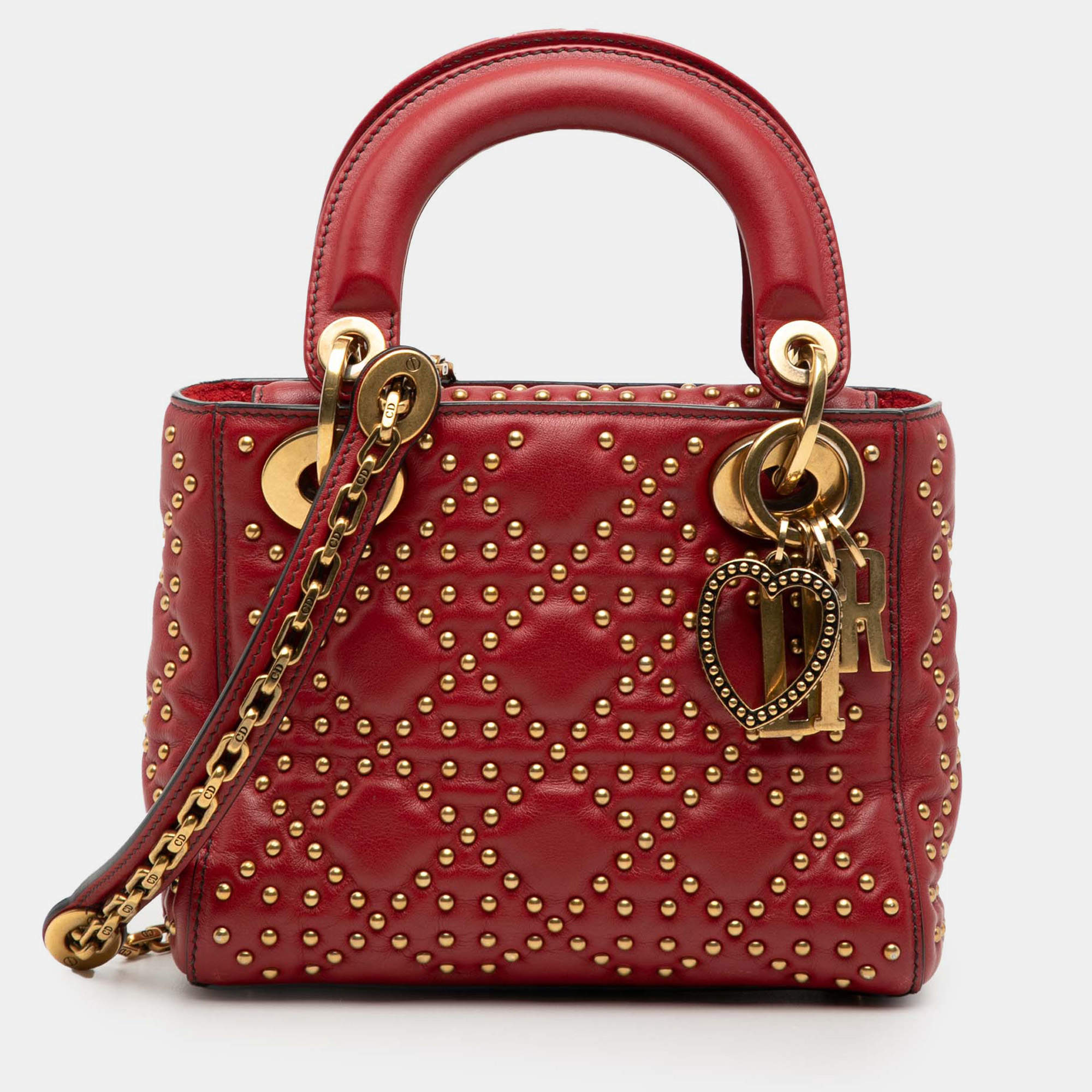 Pre Owned Dior Red Mini Lambskin Cannage Studded Supple Lady Dior