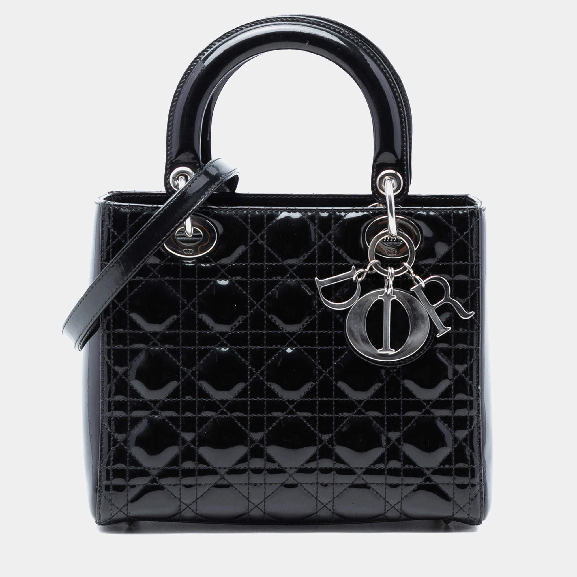 Pre Owned Dior Black Medium Patent Cannage Lady Dior