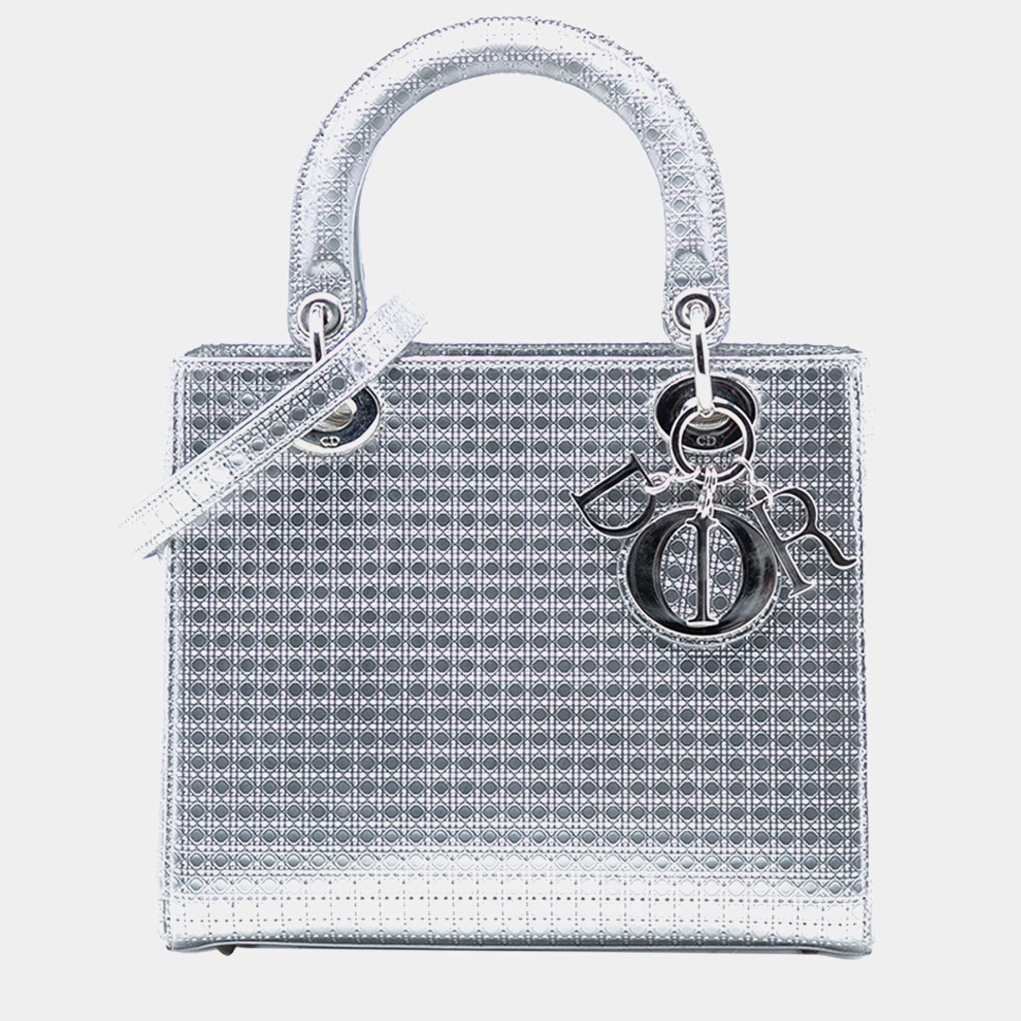 Pre Owned Dior Silver Medium Metallic Patent Microcannage Lady Dior