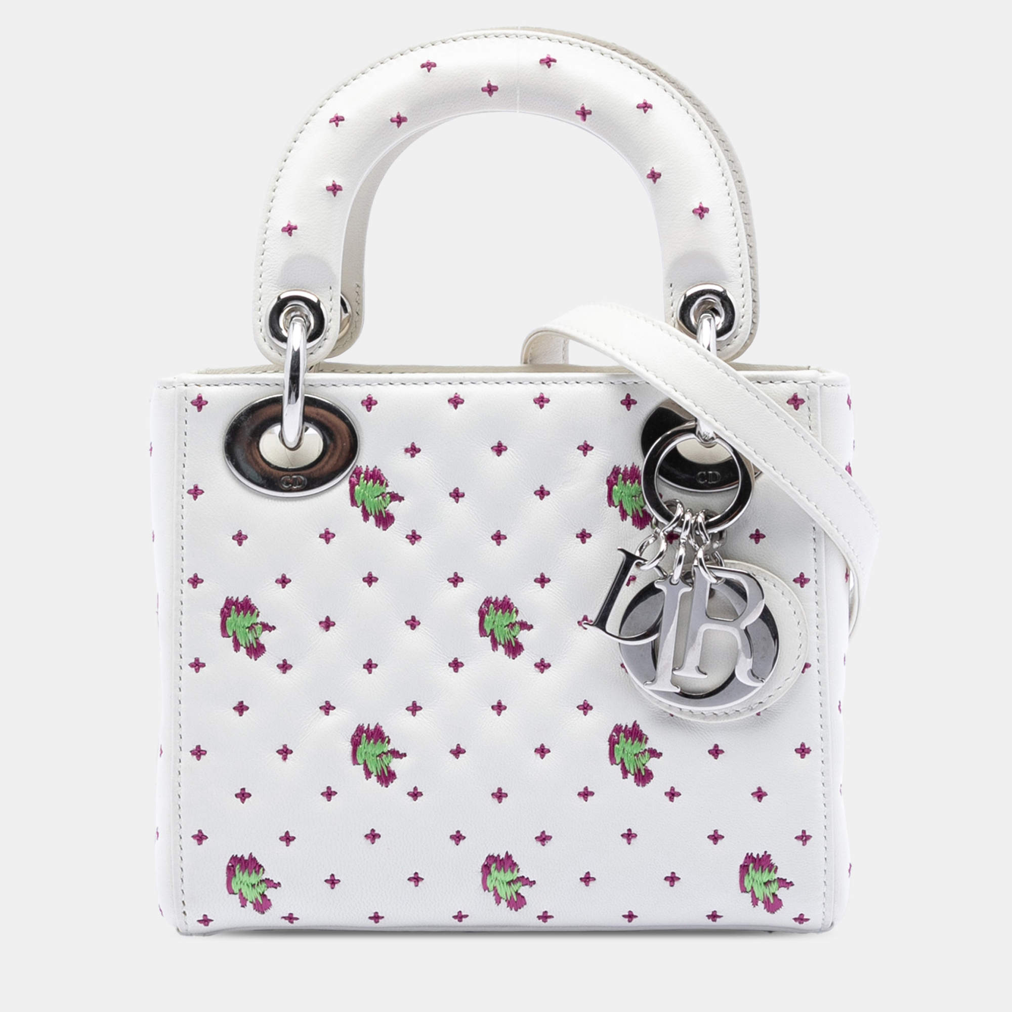 Pre Owned Dior White Mini Embroidered Calfskin Lady Dior