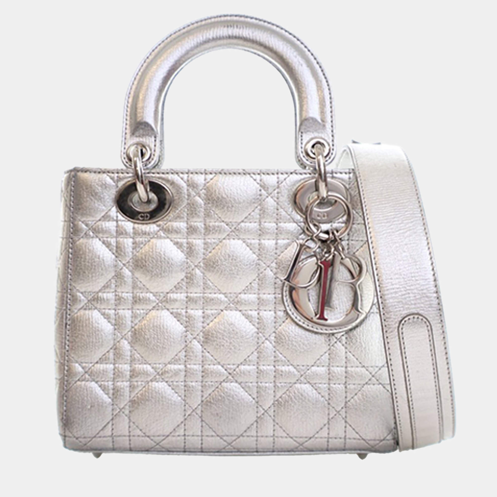 Pre Owned Dior Silver Small Metallic Lambskin Cannage My ABCDior Lady Dior