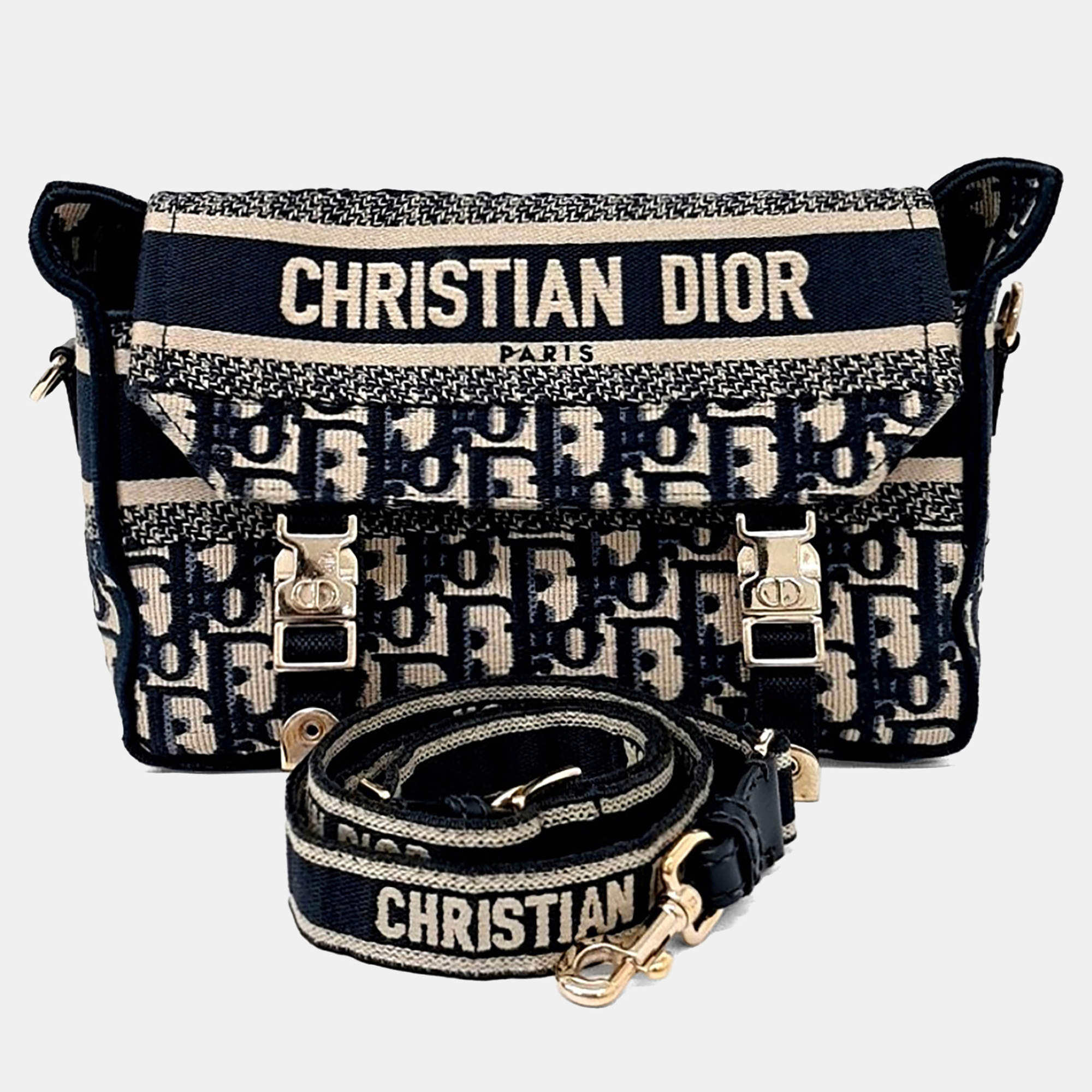 Pre Owned Dior Navy Blue Fabric Oblique Camp Bag Small