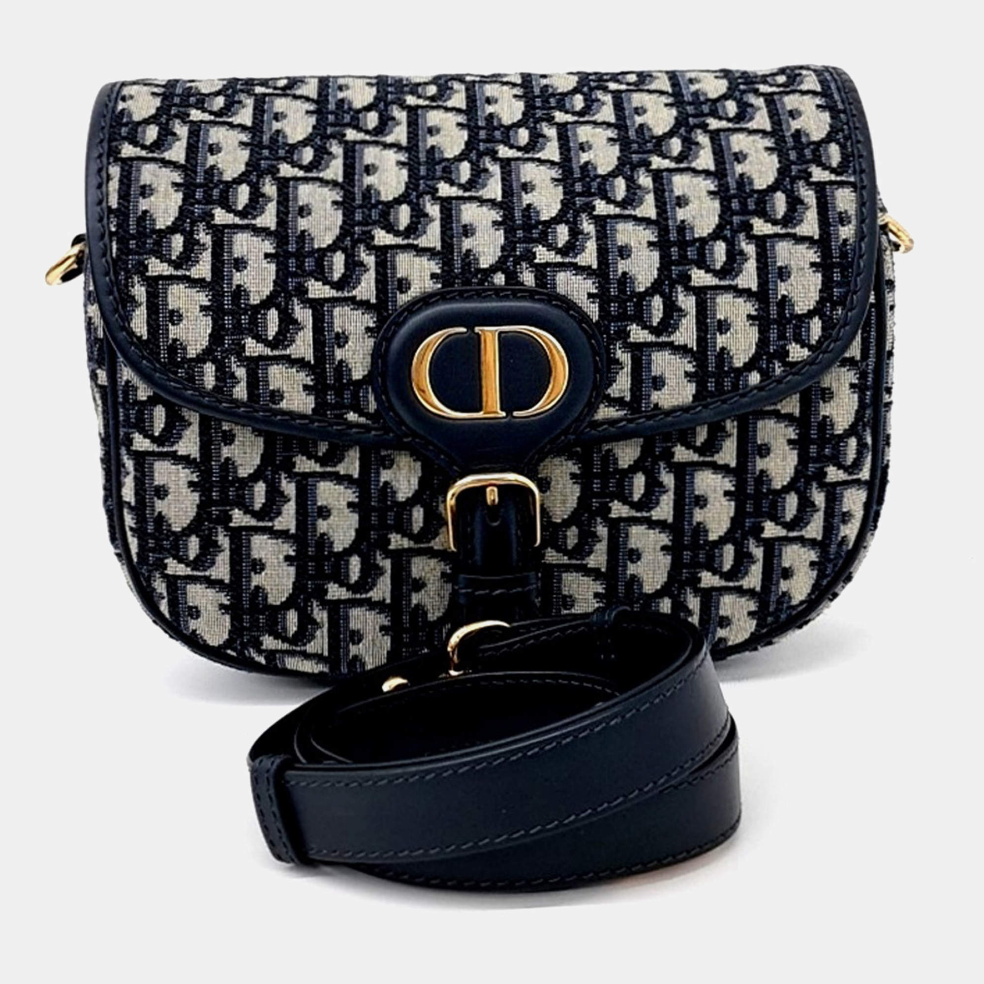 Pre Owned Dior Beige Navy Blue Fabric Oblique Bobby Bag Medium