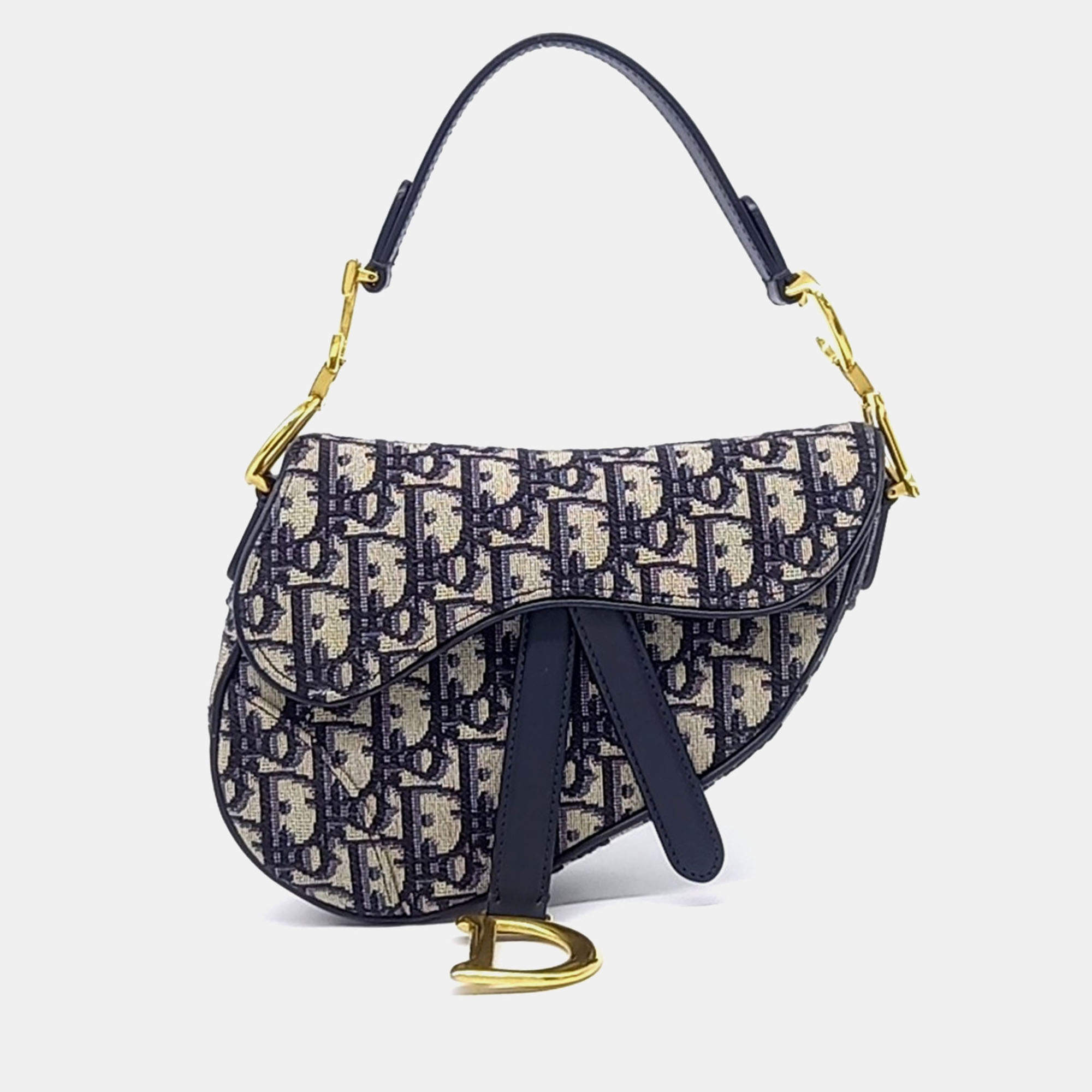 Pre Owned Dior Beige, Navy Blue Canvas Oblique Mini Saddle Bag