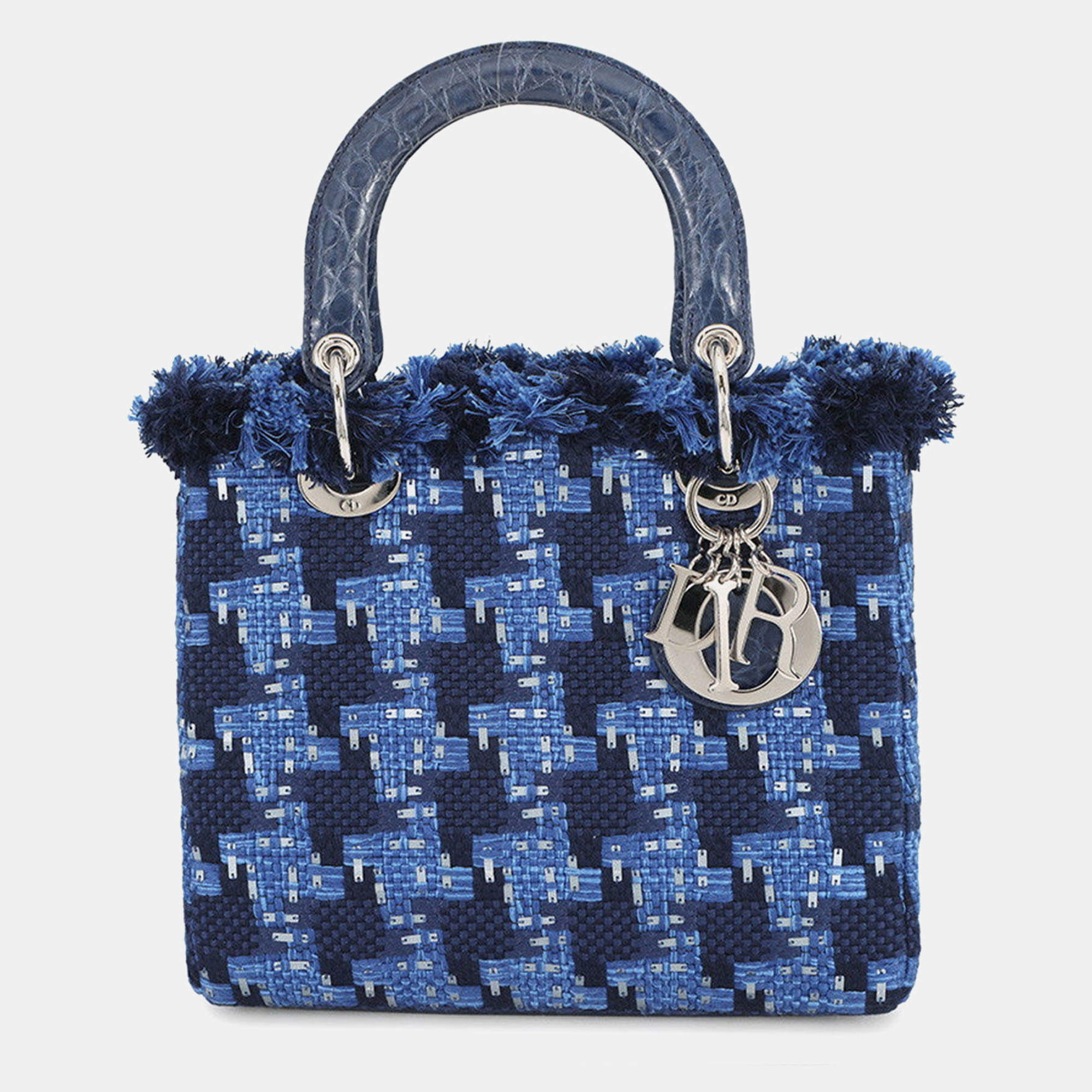 Pre Owned Dior Lady Dior Medium Blue Tweed Leather Top Handle Bag