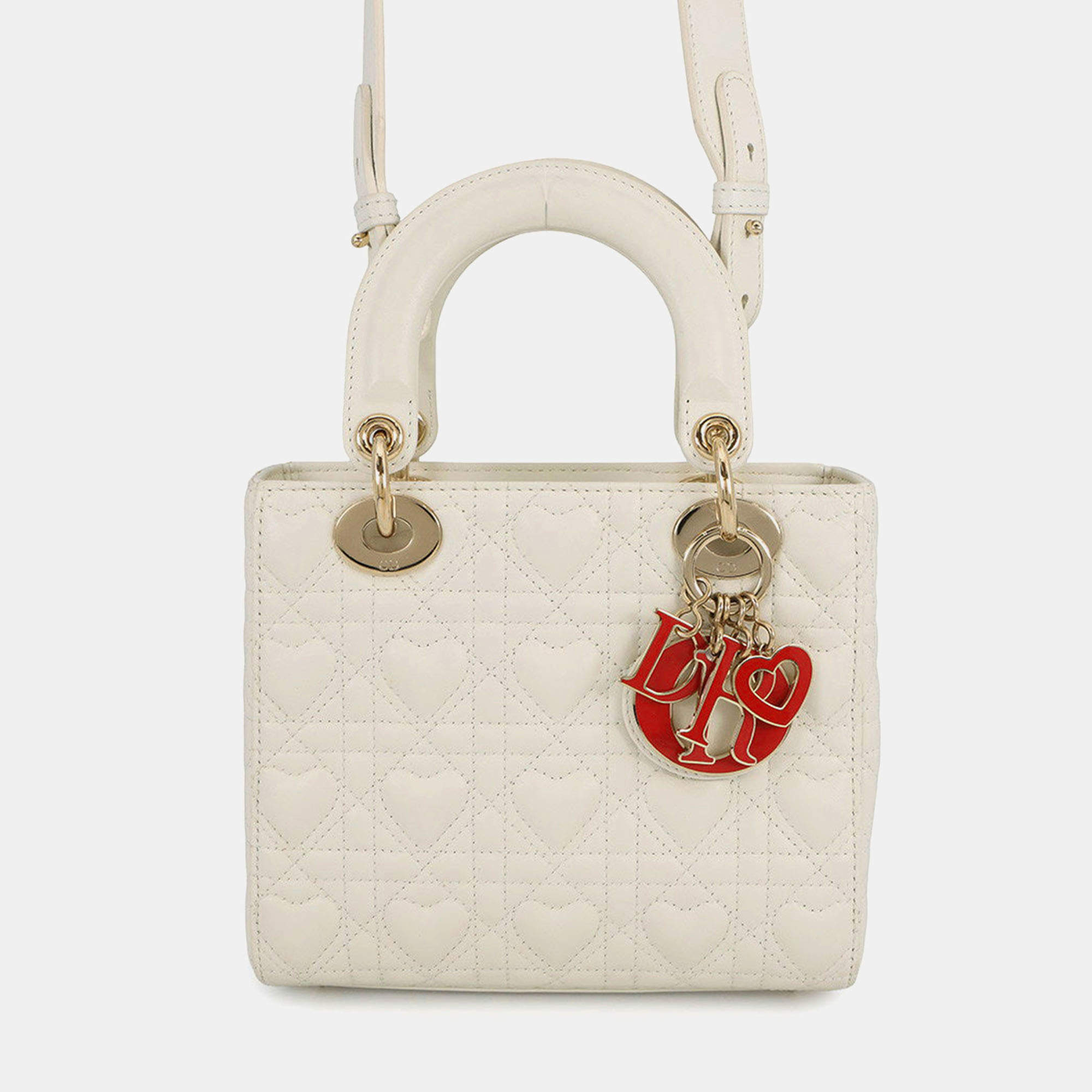 Pre Owned Dior Lady Dior My ABCDior Small White Lambskin Leather Top Handle Bag