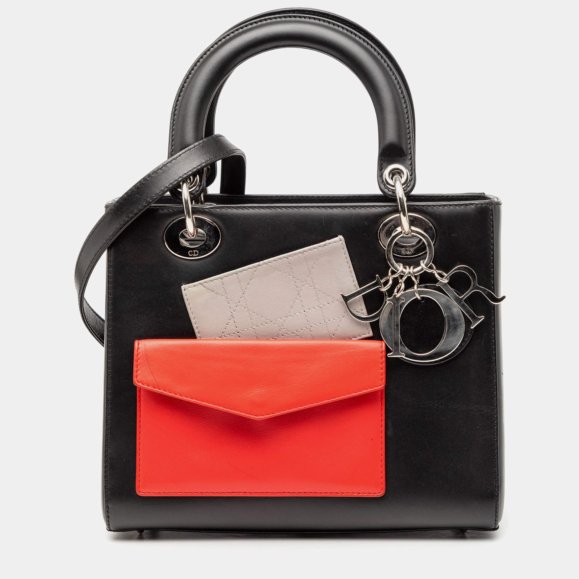 Pre Owned Dior Black Orange Medium Calfskin Pockets Lady Dior