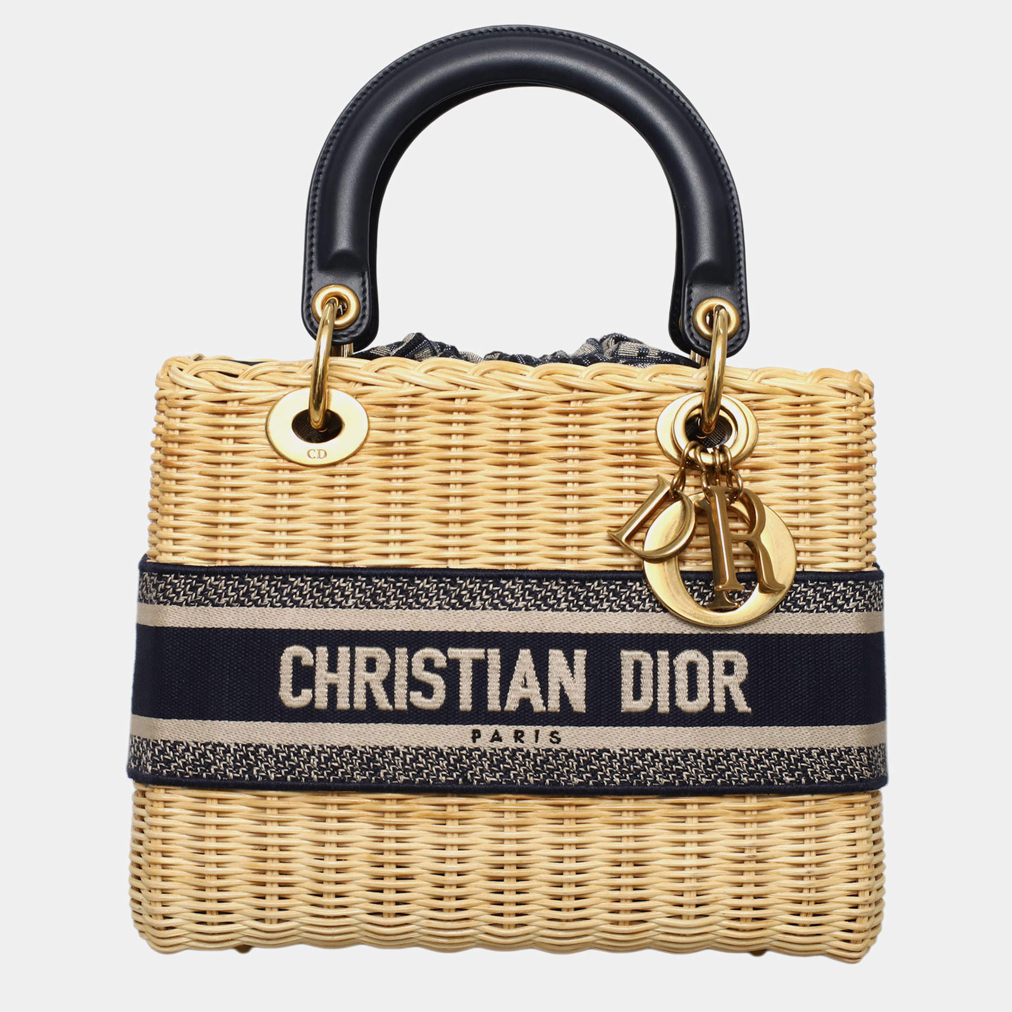 Pre Owned Dior Beige, Navy Blue Canvas, Leather, Rattan Wicker Oblique Lady Dior