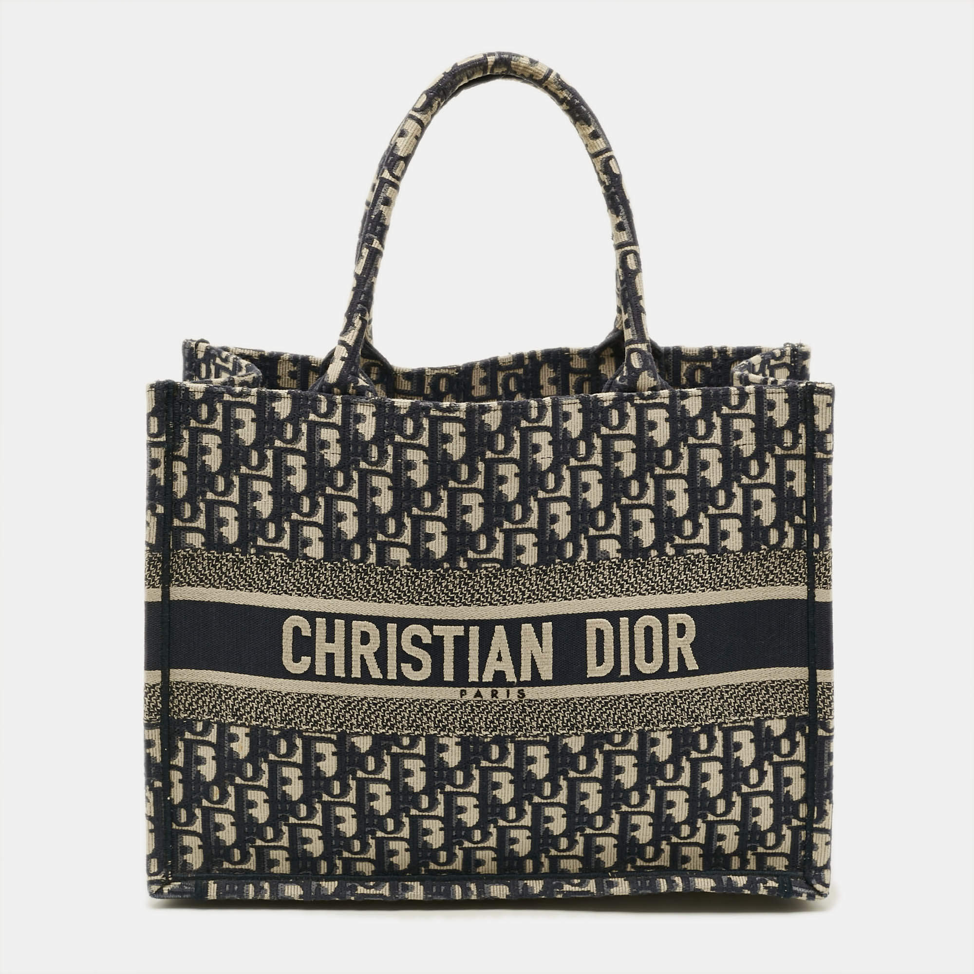 Pre Owned Dior Book Medium Navy Blue Oblique Embroidered Canvas Tote