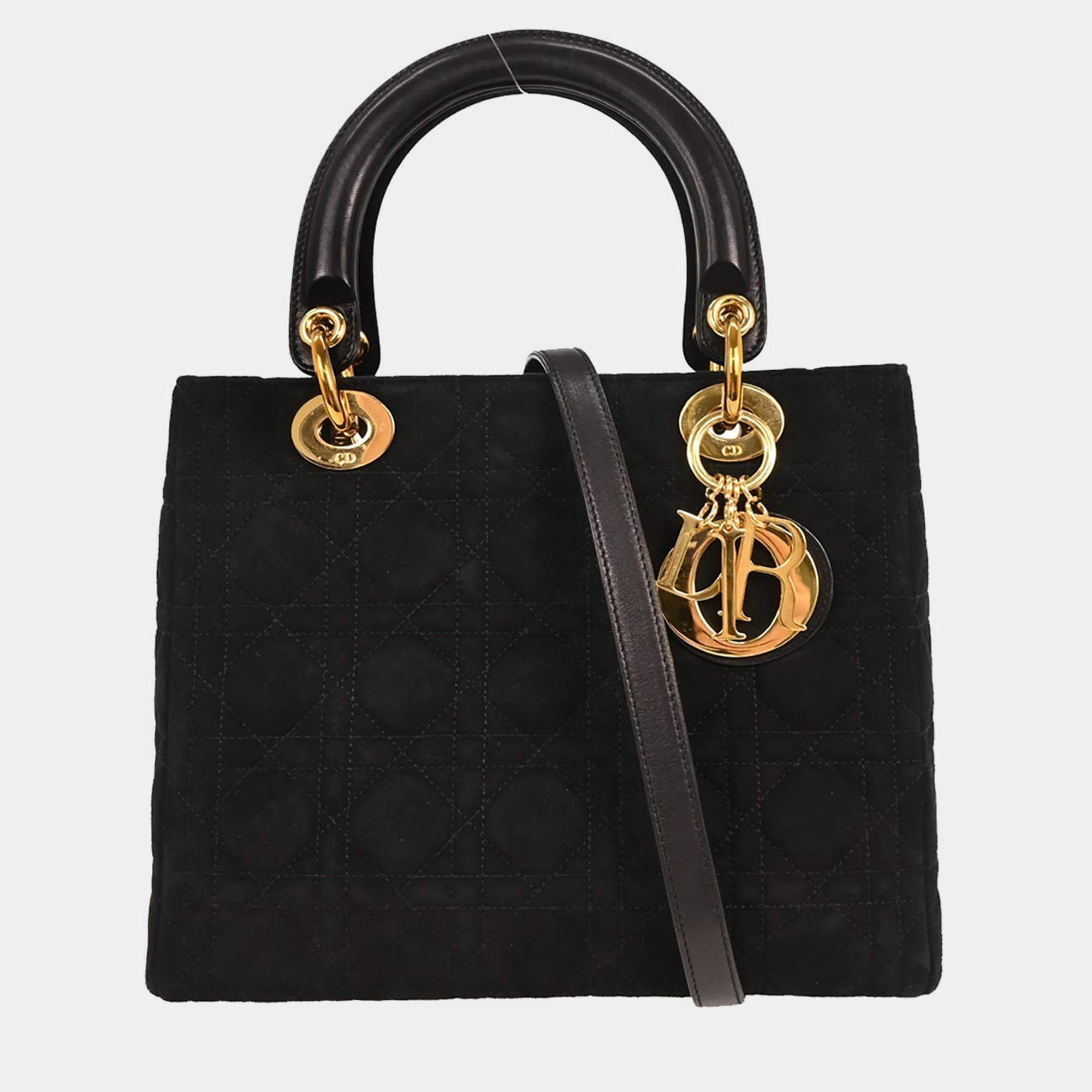 مملوكة مسبقًا Christian Dior Black Suede Lady Dior Cannage 2way Handbag