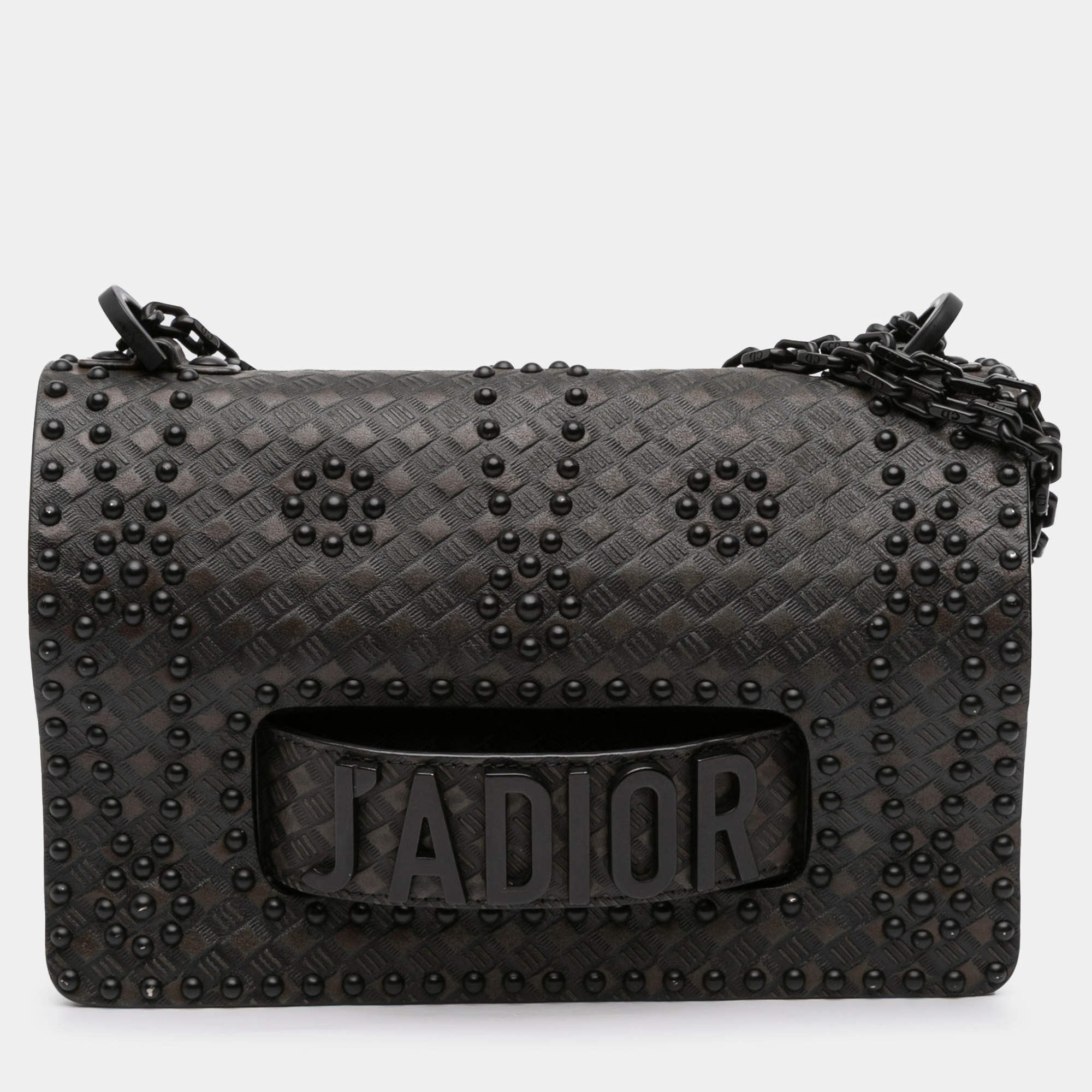 Pre Owned Dior Black Medium Embossed Calfskin Studded JAdior Chain Flap