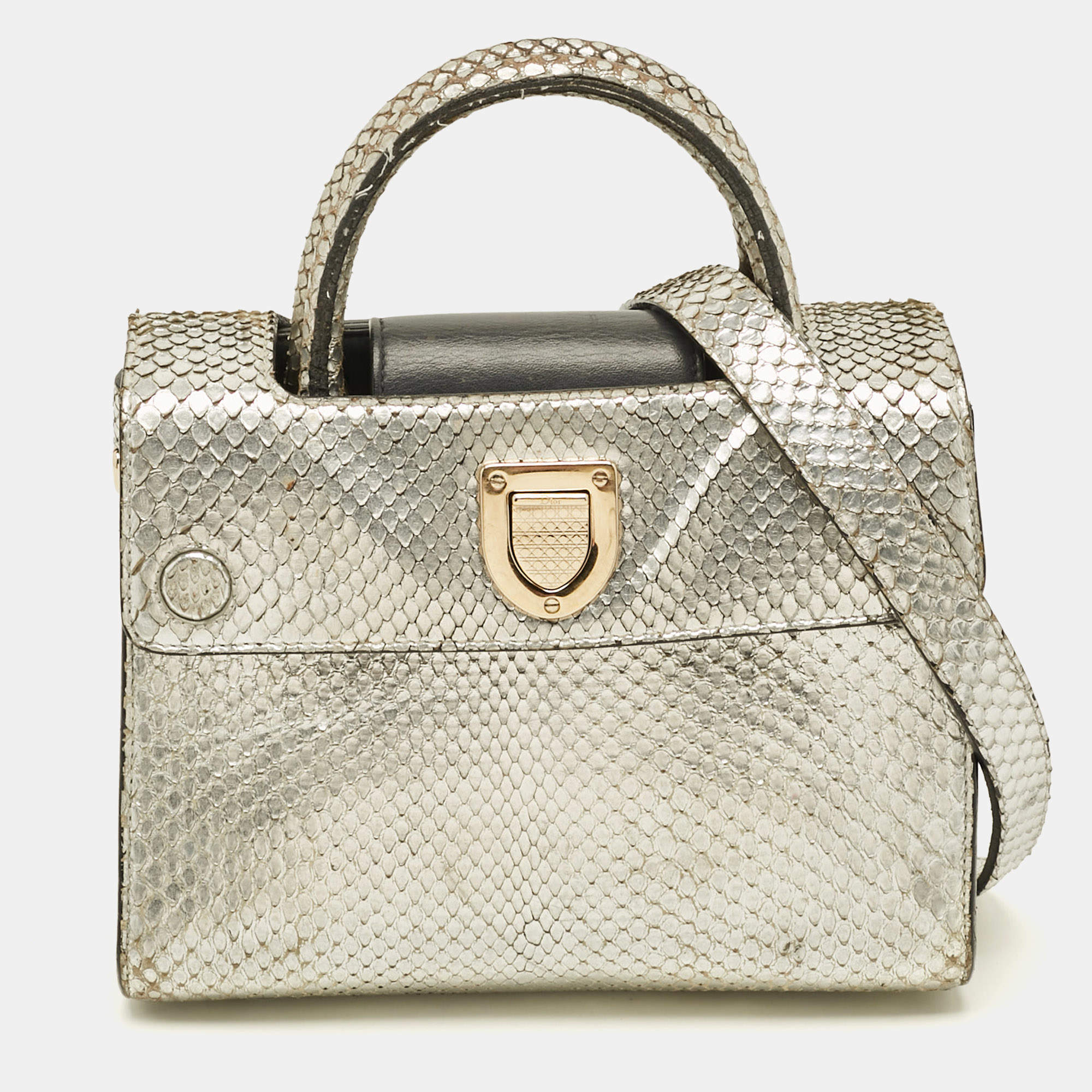 Pre Owned Dior Diorever Mini Silver Python Top Handle Bag