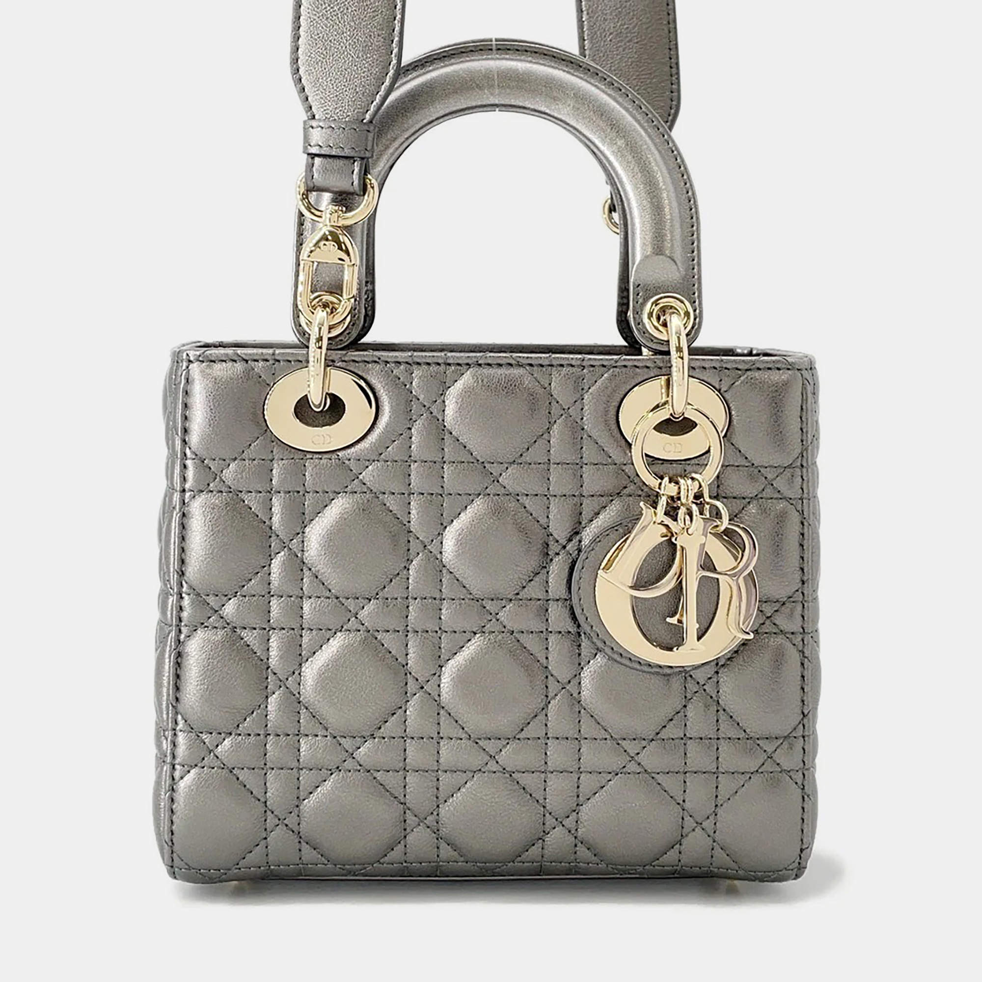 Pre Owned Dior My Abcdior Lady Dior Cannage Gunmetalic Lambskin Size Small