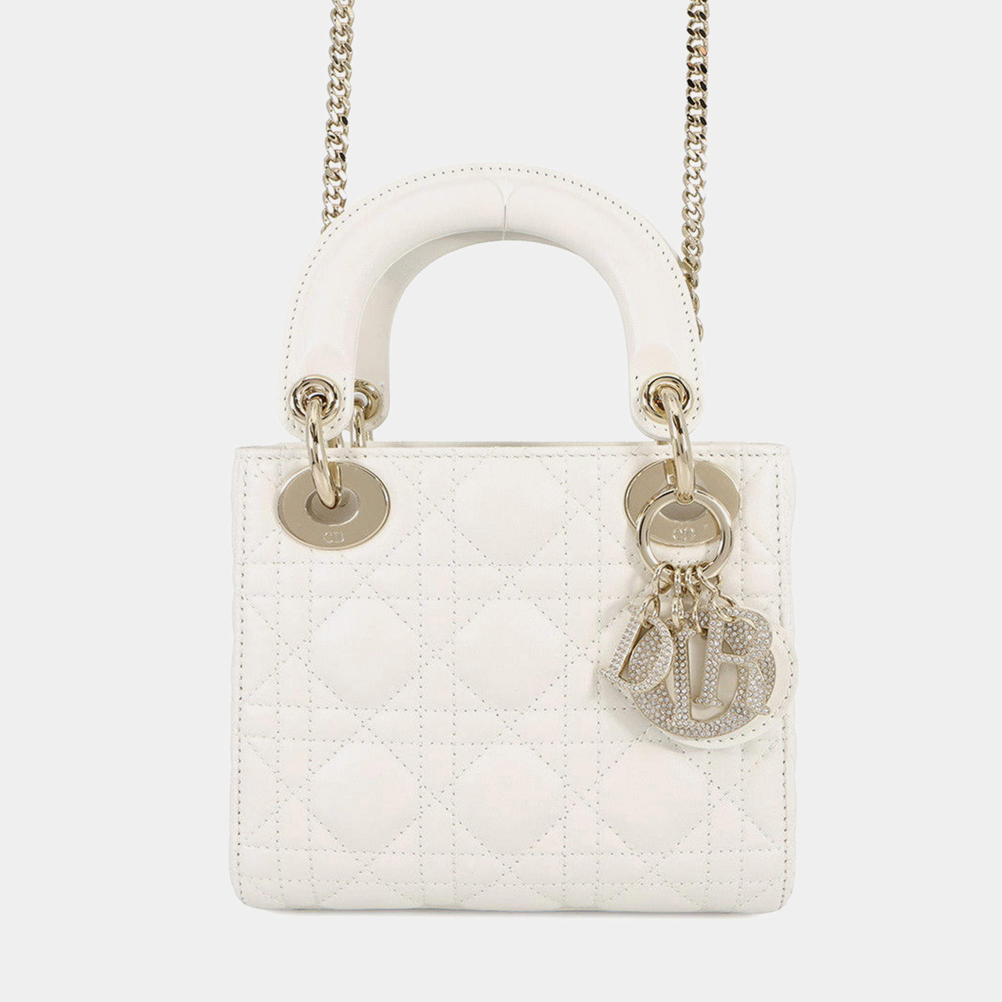 مملوكة مسبقًا Dior Lady Dior Canage 2Wayhandbag Latte White Lambskin Rhinestone Size Mini