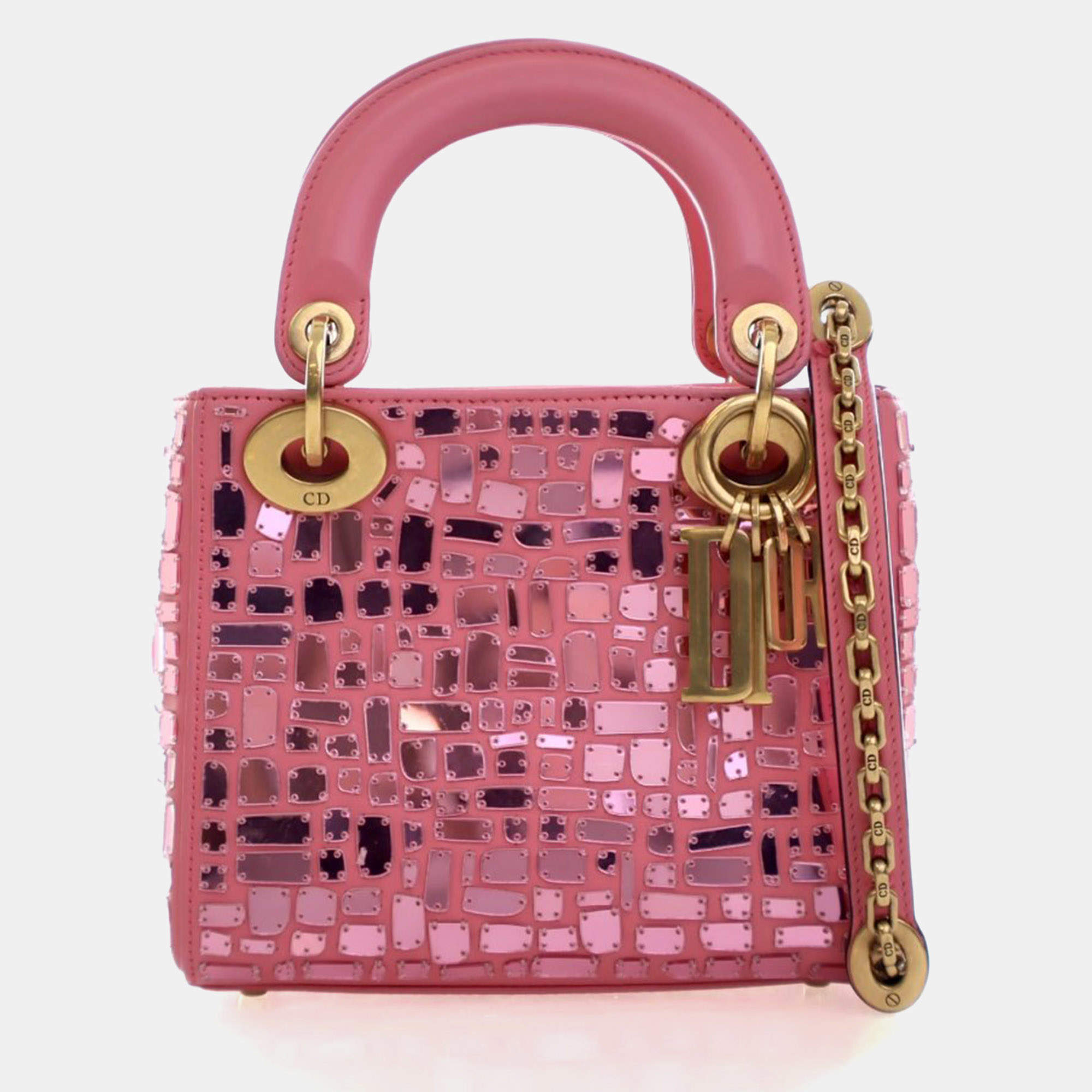 Pre Owned Dior Lady Dior Mini Mosaic Of Mirrors Calfskin Leather Top Handle Bag