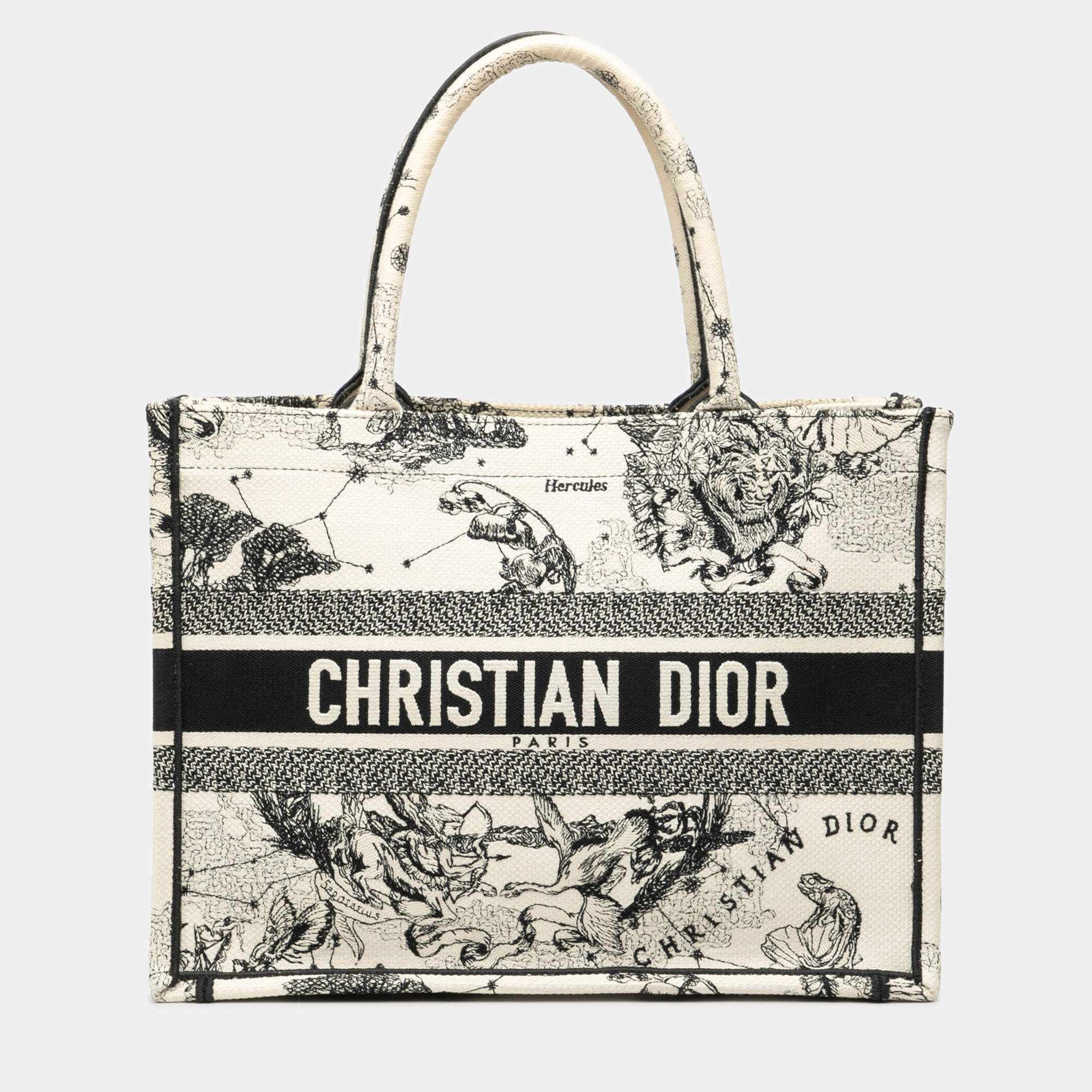 Pre Owned Dior Black White Medium Canvas Embroidered Zodiac Toile De Jouy Book Tote