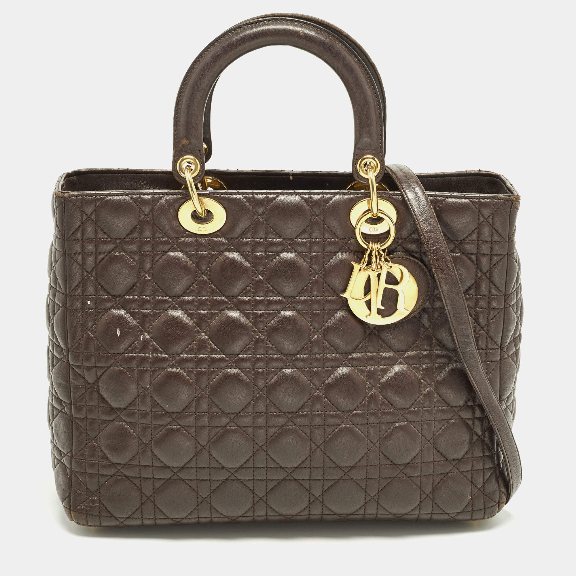 Pre Owned Dior Lady Dior Large Dark Brown Cannage Leather Tote