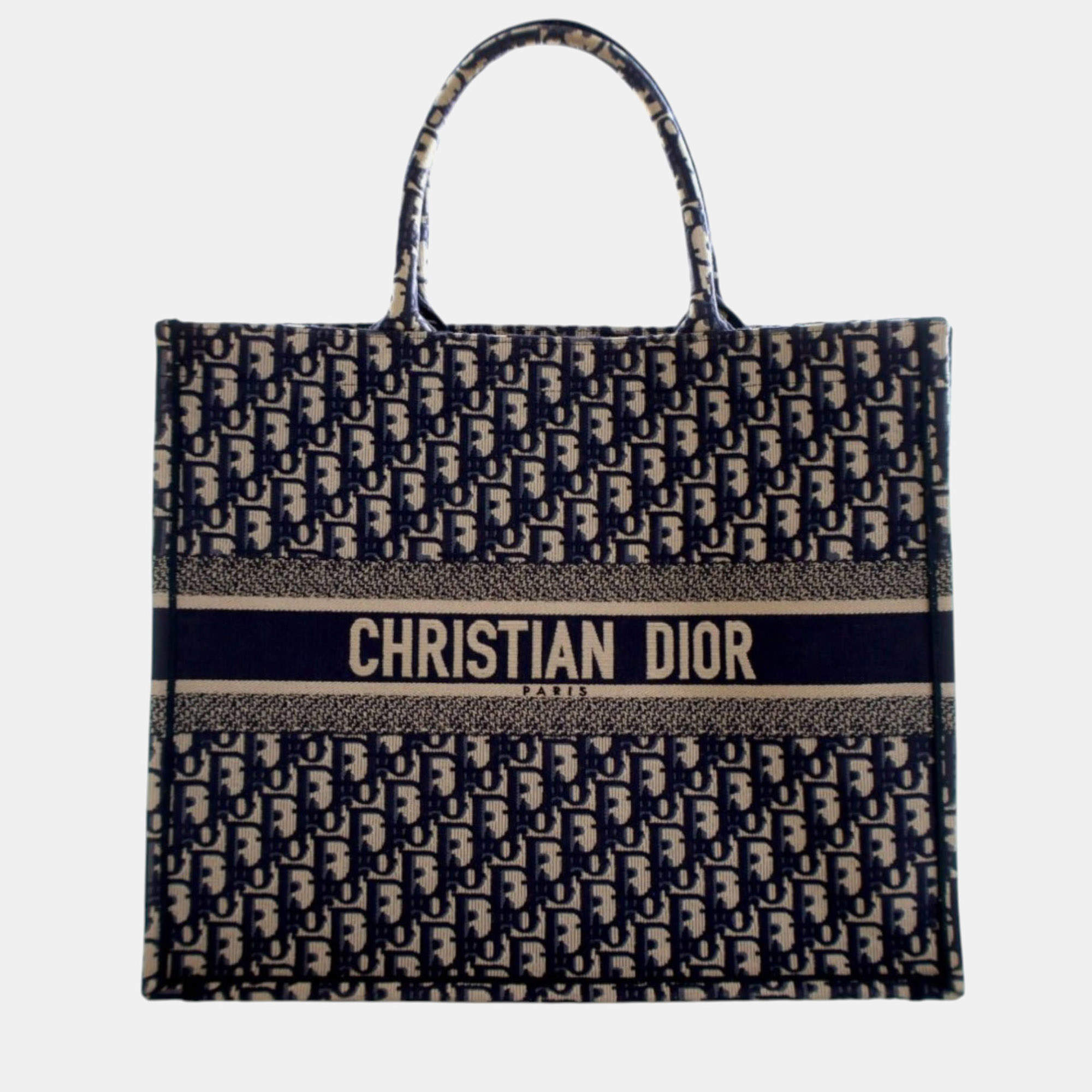 Pre Owned Dior Blue Large Oblique Embroidered Canvas Book Tote