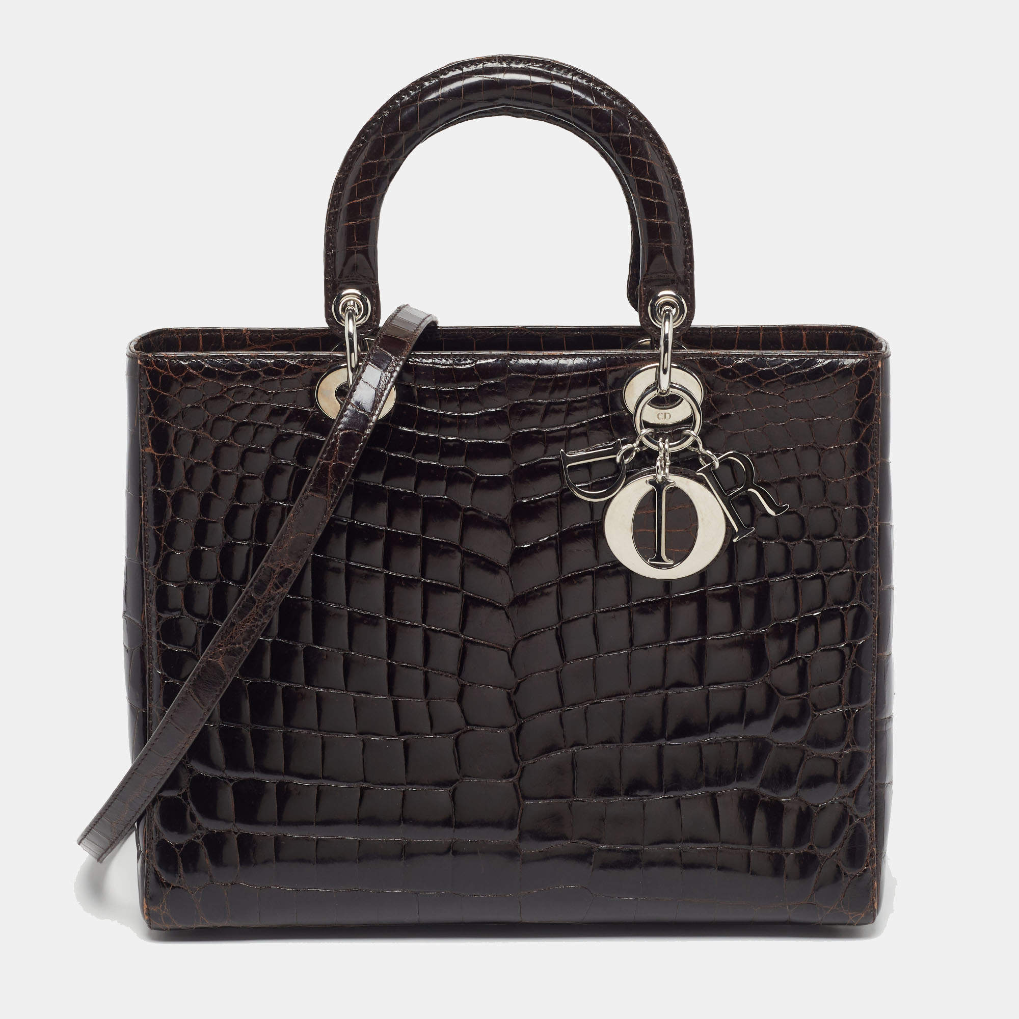 Pre Owned Dior Lady Dior Limited Edition 018 Large Dark Brown Shine Crocodile Tote