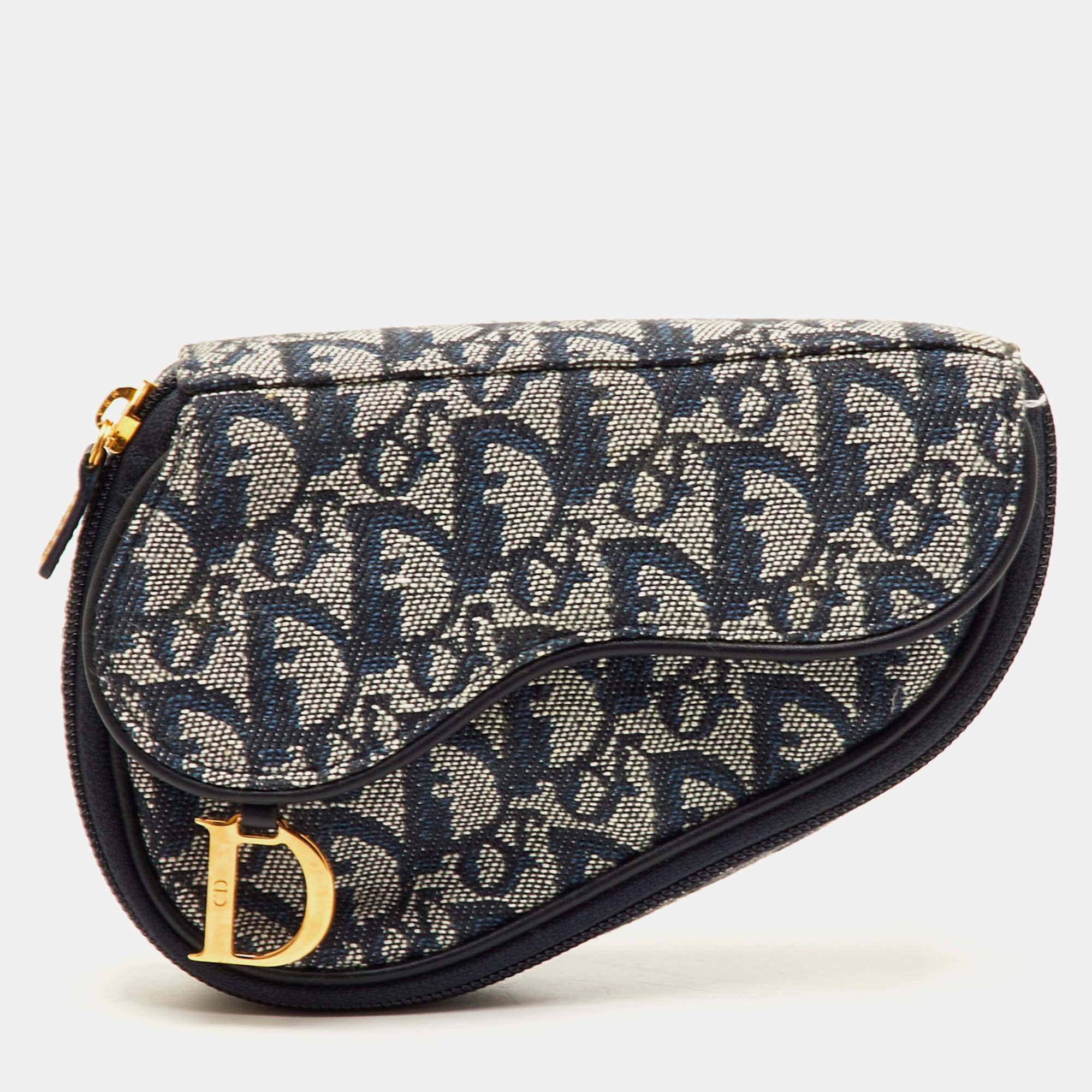Pre Owned Dior Saddle Navy Blue Oblique Canvas and Leather Pouch Clutch