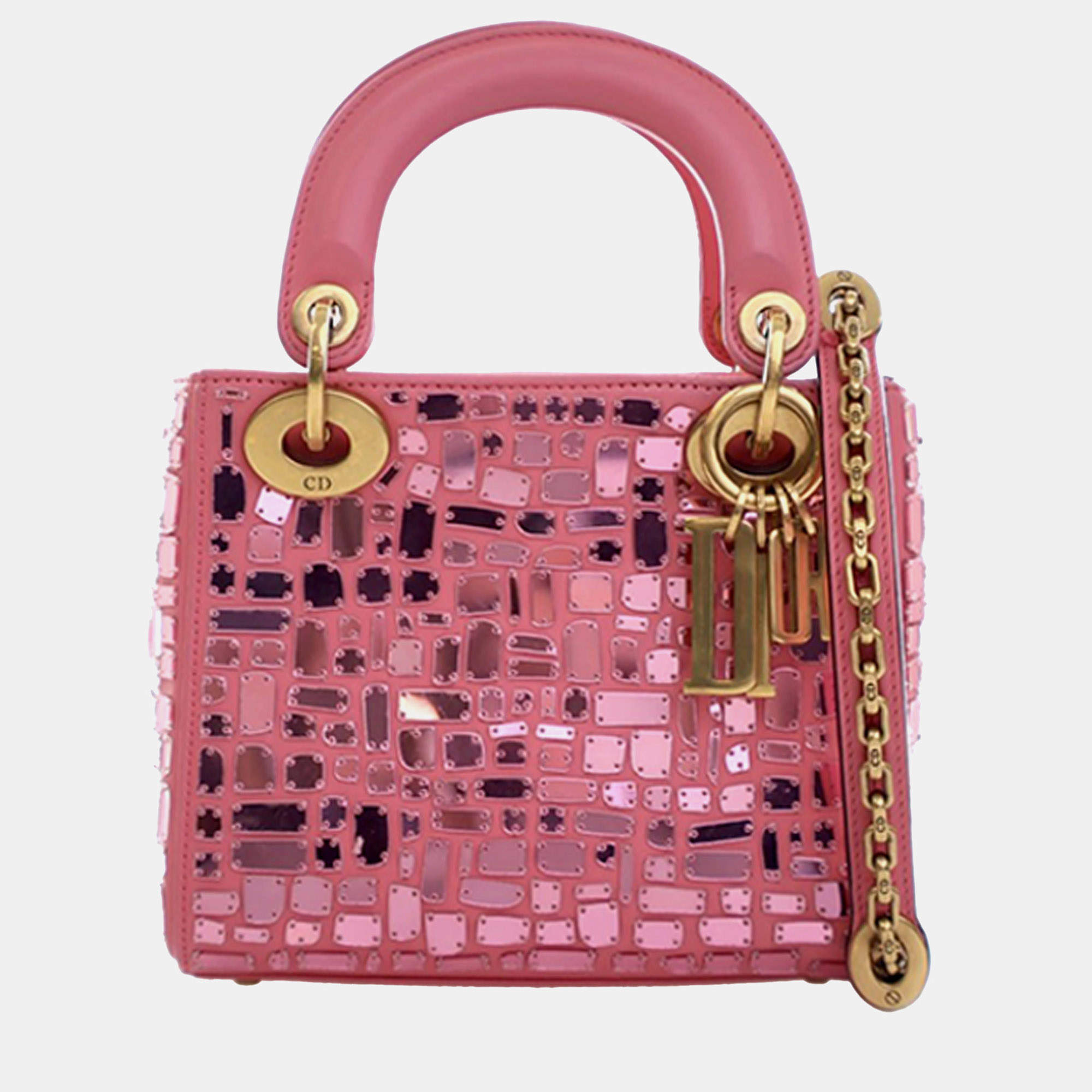 Pre Owned Dior Pink Mini Smooth Calfskin Embroidered Mosaic of Mirrors Lady Dior