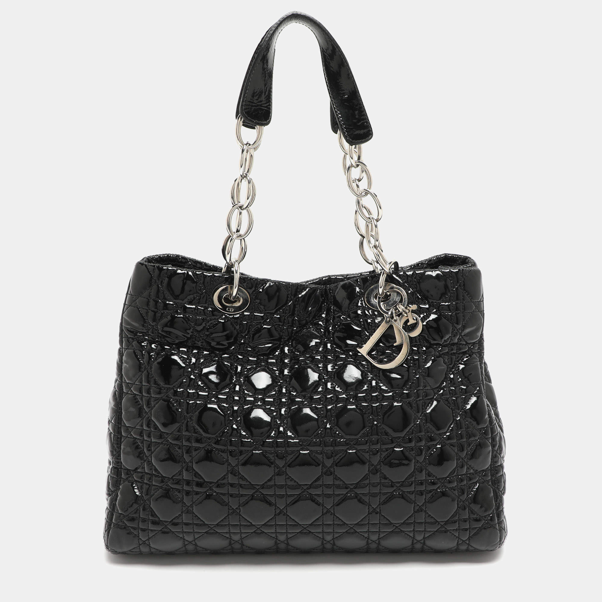 مملوكة مسبقًا Dior Soft Lady Dior Large Black Cannage Patent Leather Shopper Tote