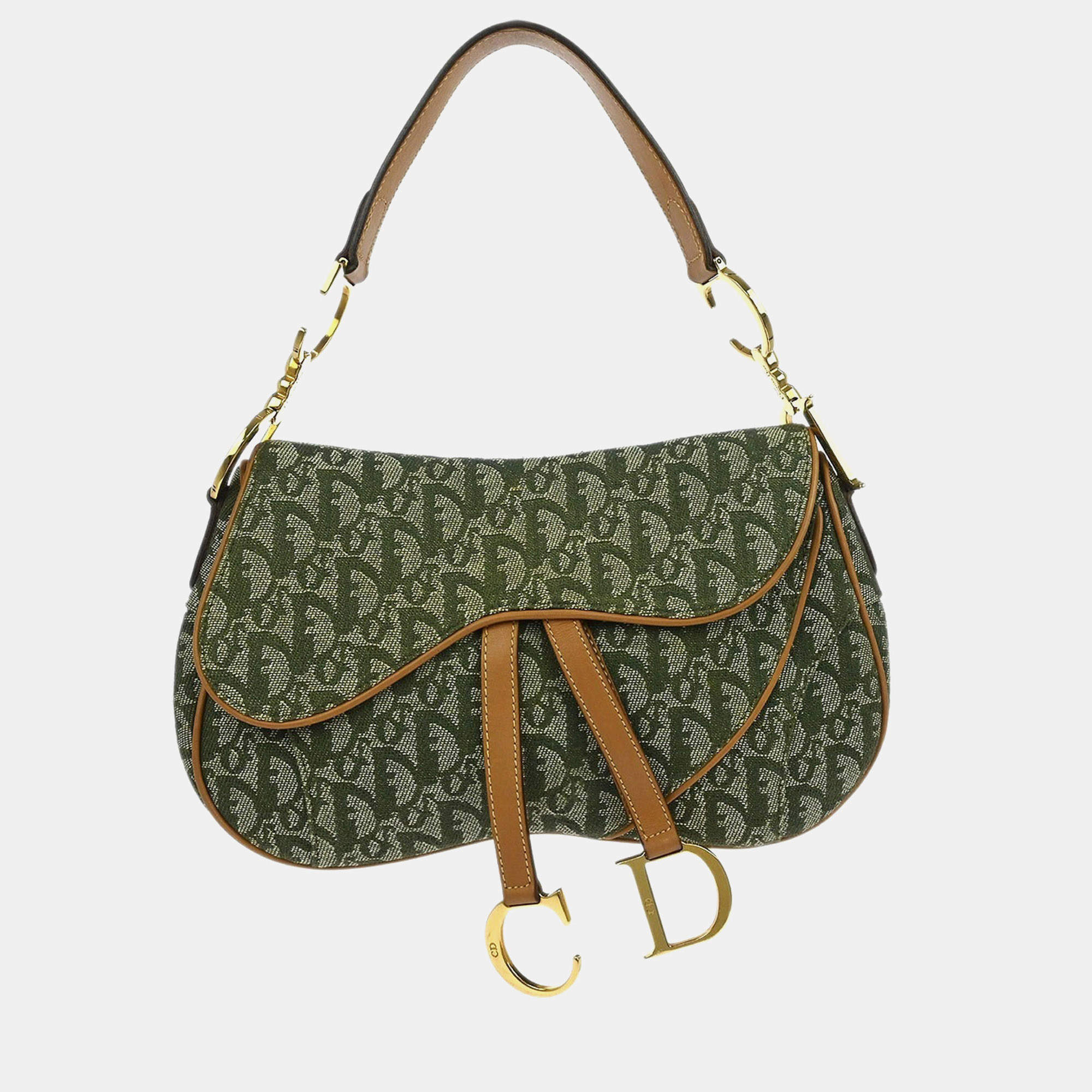 Pre Owned Christian Dior Green Trotter Double Saddle Handbag