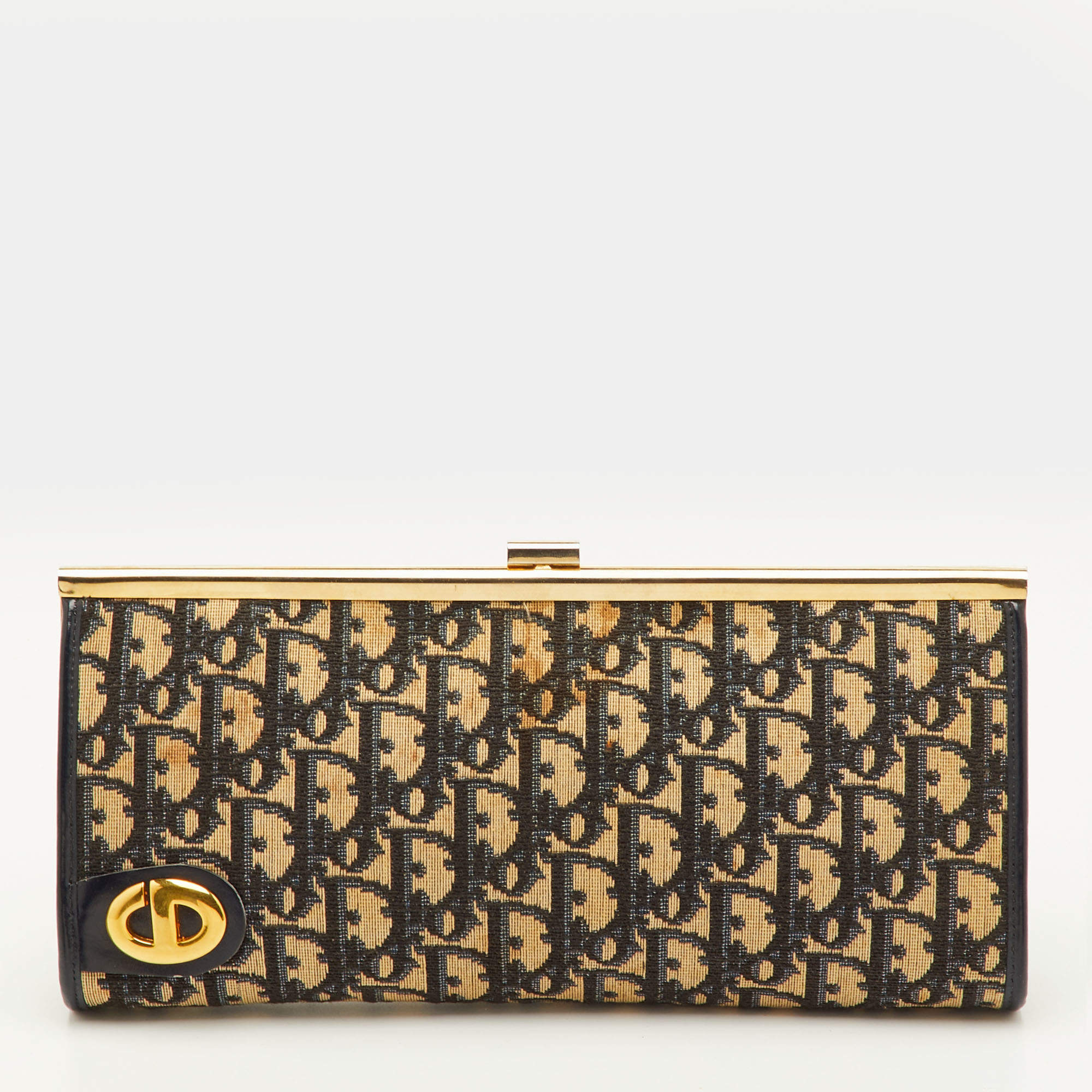 Pre Owned Dior Vintage Trotter Navy Blue Oblique Canvas Frame Clutch