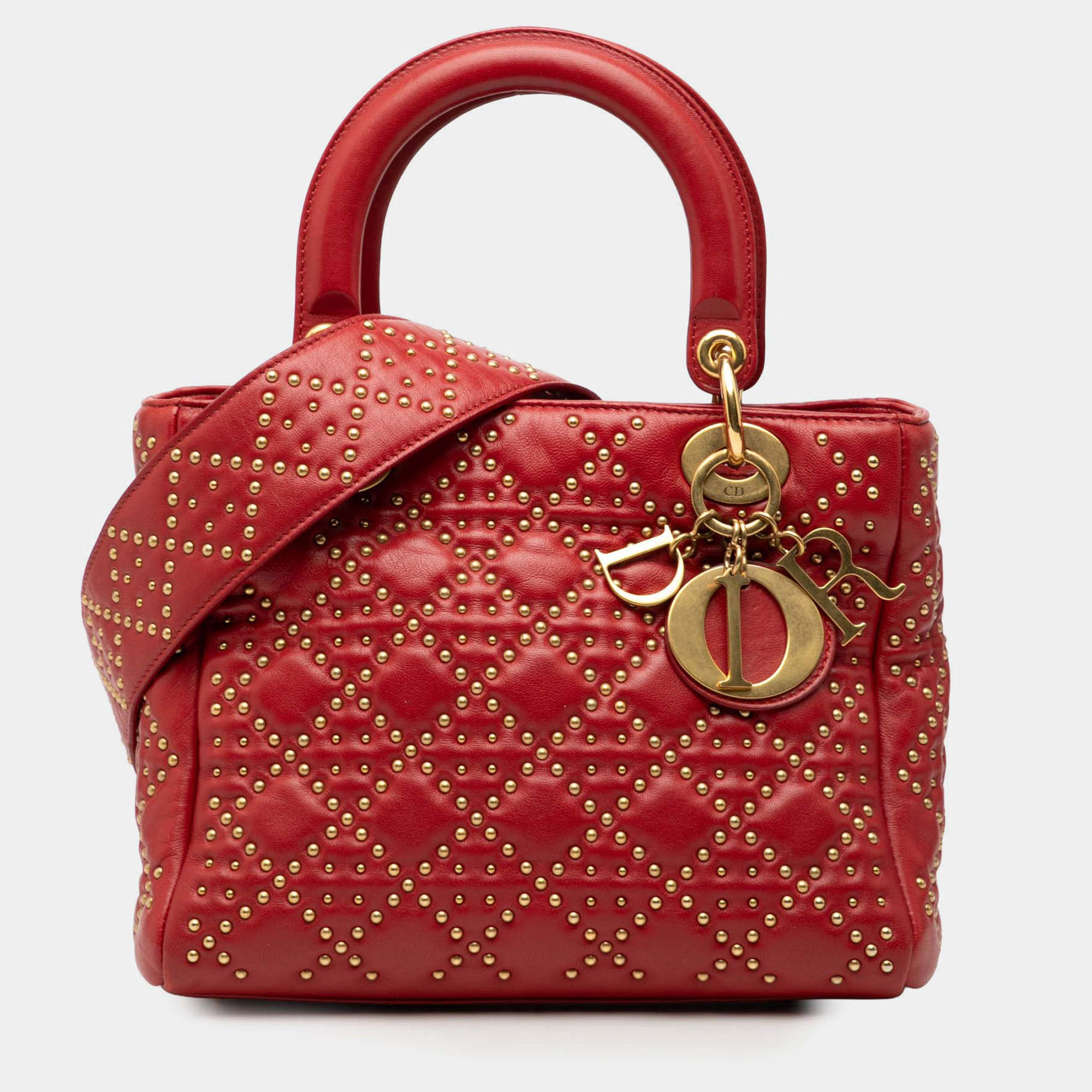 Pre Owned Dior Red Medium Lambskin Cannage Studded Supple Lady Dior