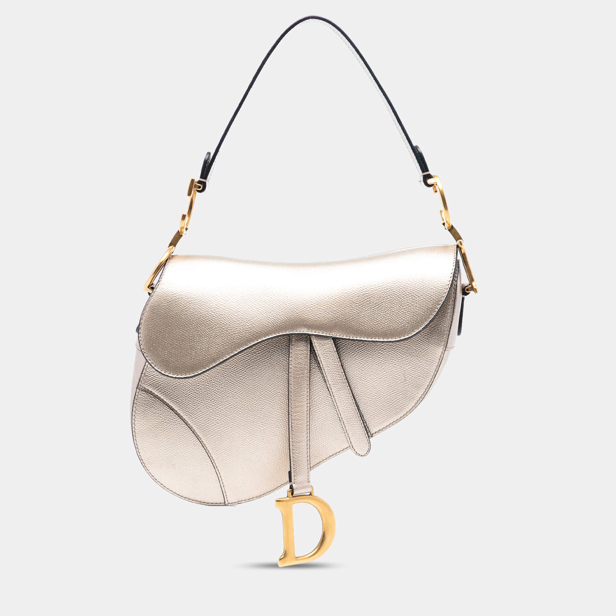 Pre Owned Dior Gold Metallic Grained Calfskin Saddle Bag