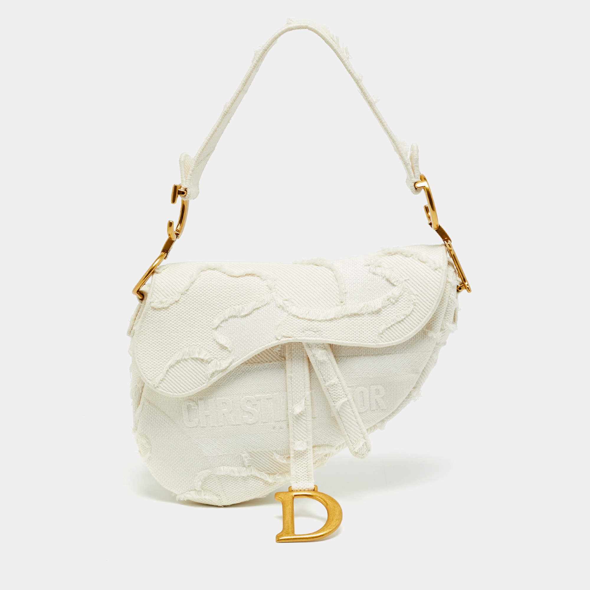 Pre Owned Dior Saddle White Camouflage Embroidered Canvas Shoulder Bag