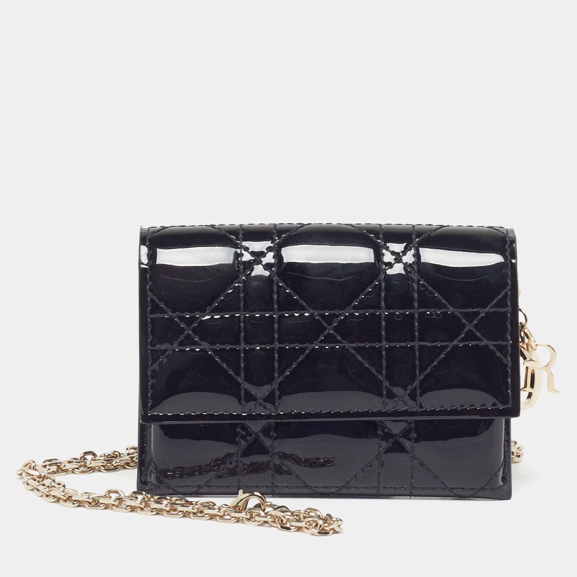 Pre Owned حقيبة خصر بسلسلة ديور ليدي ديور نانو جلد كاناج أسود لامع