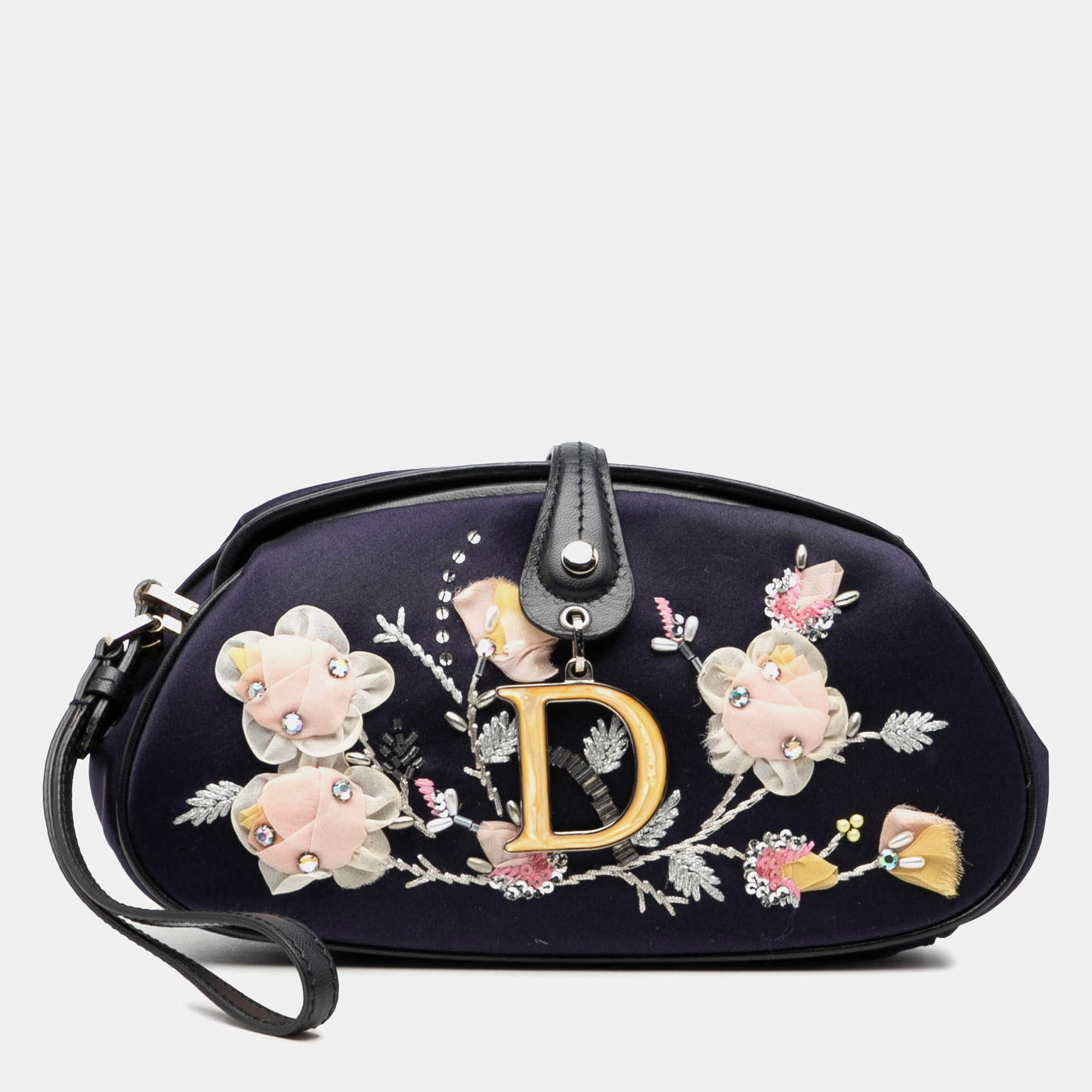 Pre Owned Dior Blue Limited Edition Satin Floral Beaded Embroidered Detective Clutch