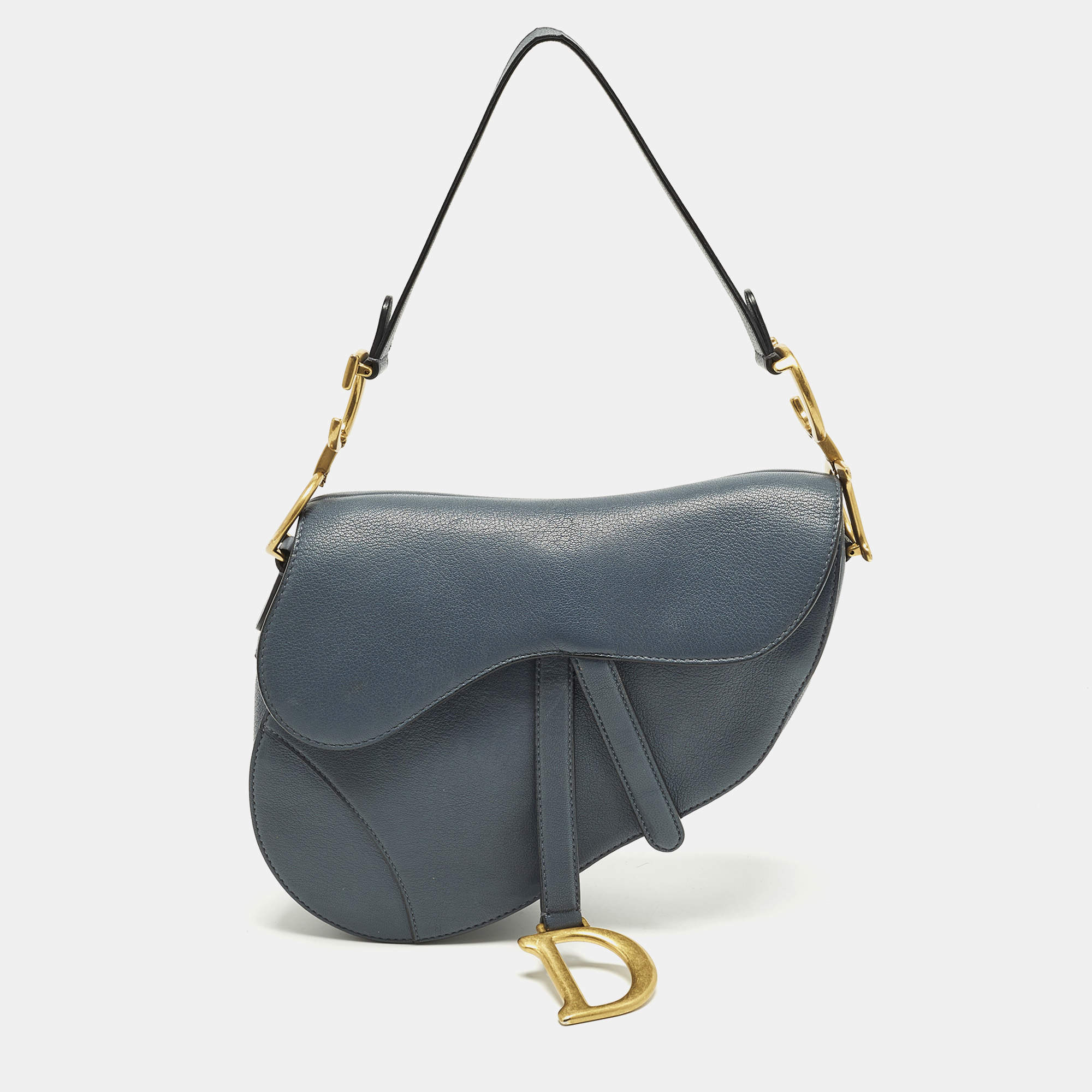 Pre Owned Dior Blue Oblique Leather Saddle Bag