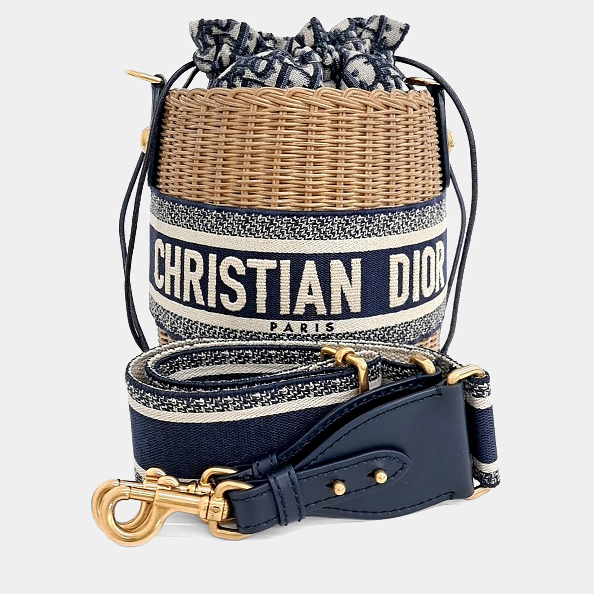 مملوكة مسبقًا Dior Beige, Blue Canvas and Raffia Oblique Walker Bucket Bag