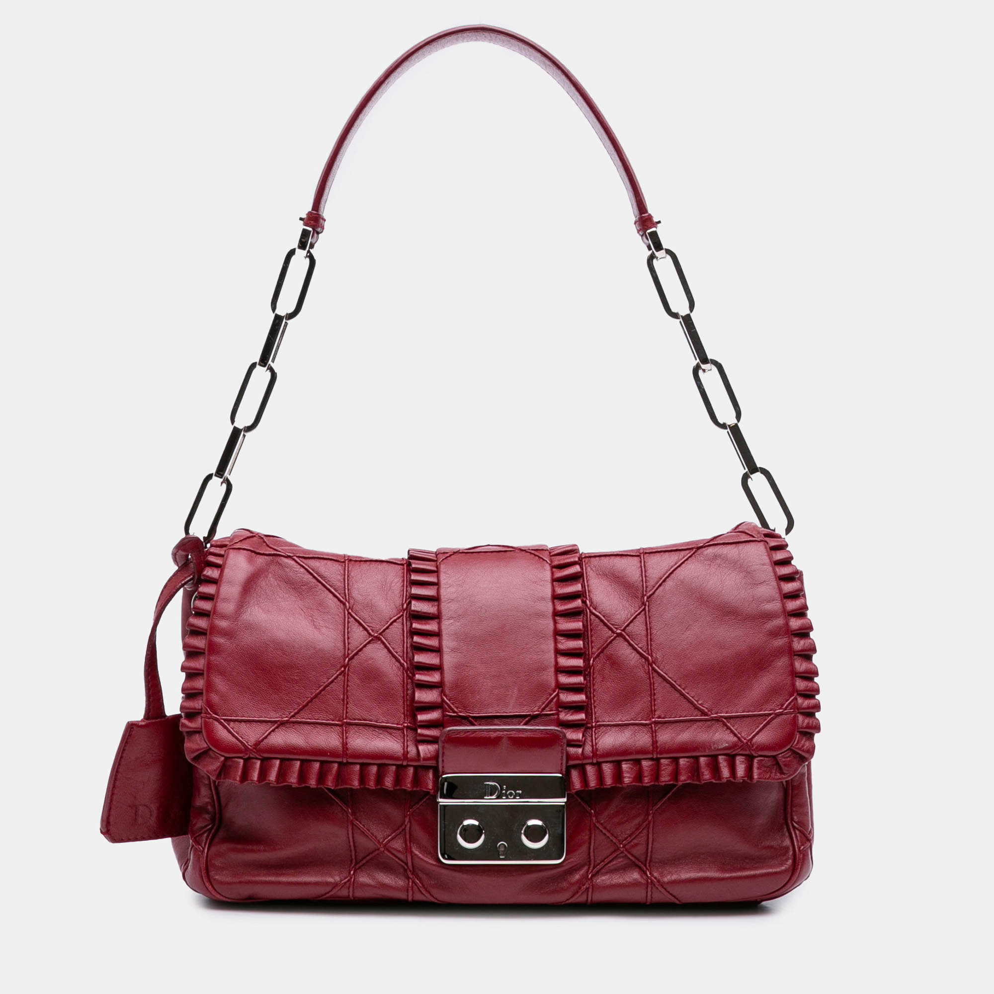 Pre Owned Dior Red Lambskin Cannage New Lock Ruffle Flap