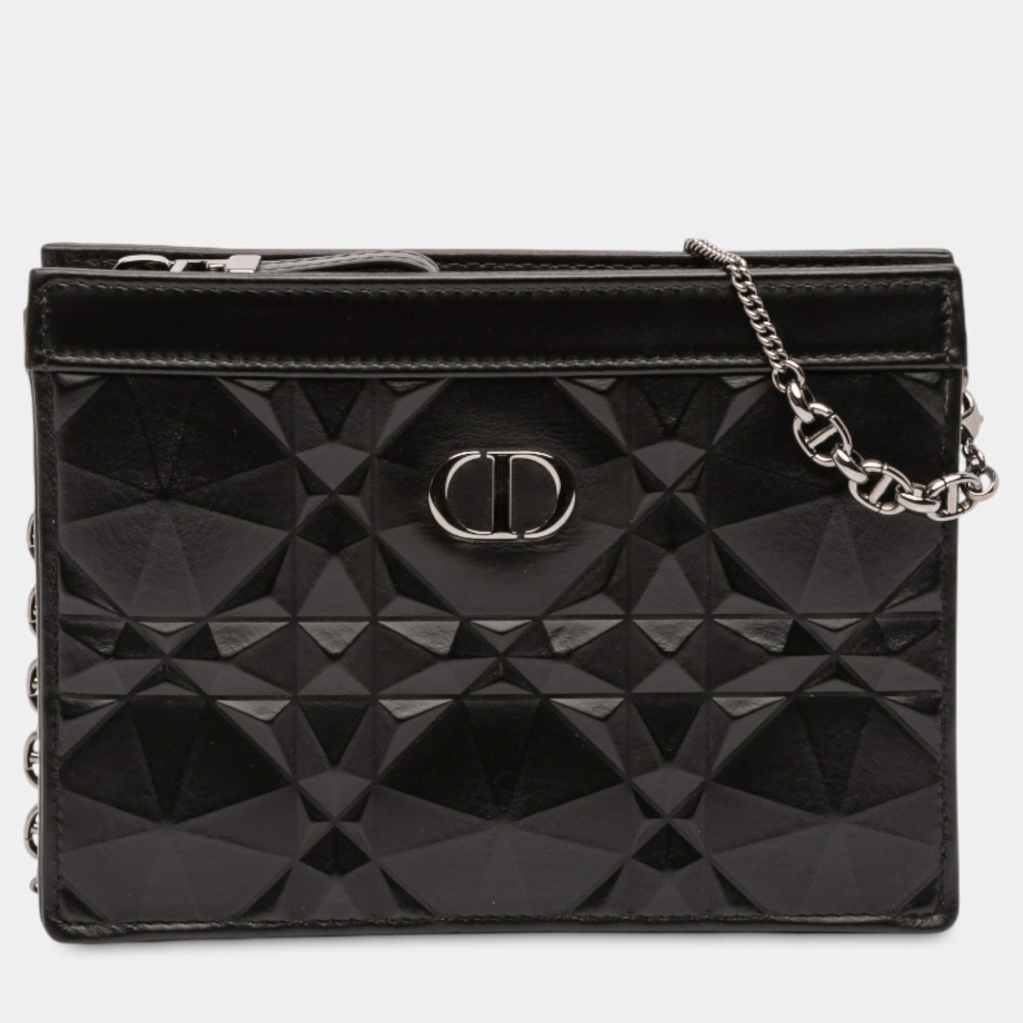 Pre Owned Dior Black Calfskin Macrocannage Diamond Caro Zipped Pouch With Chain