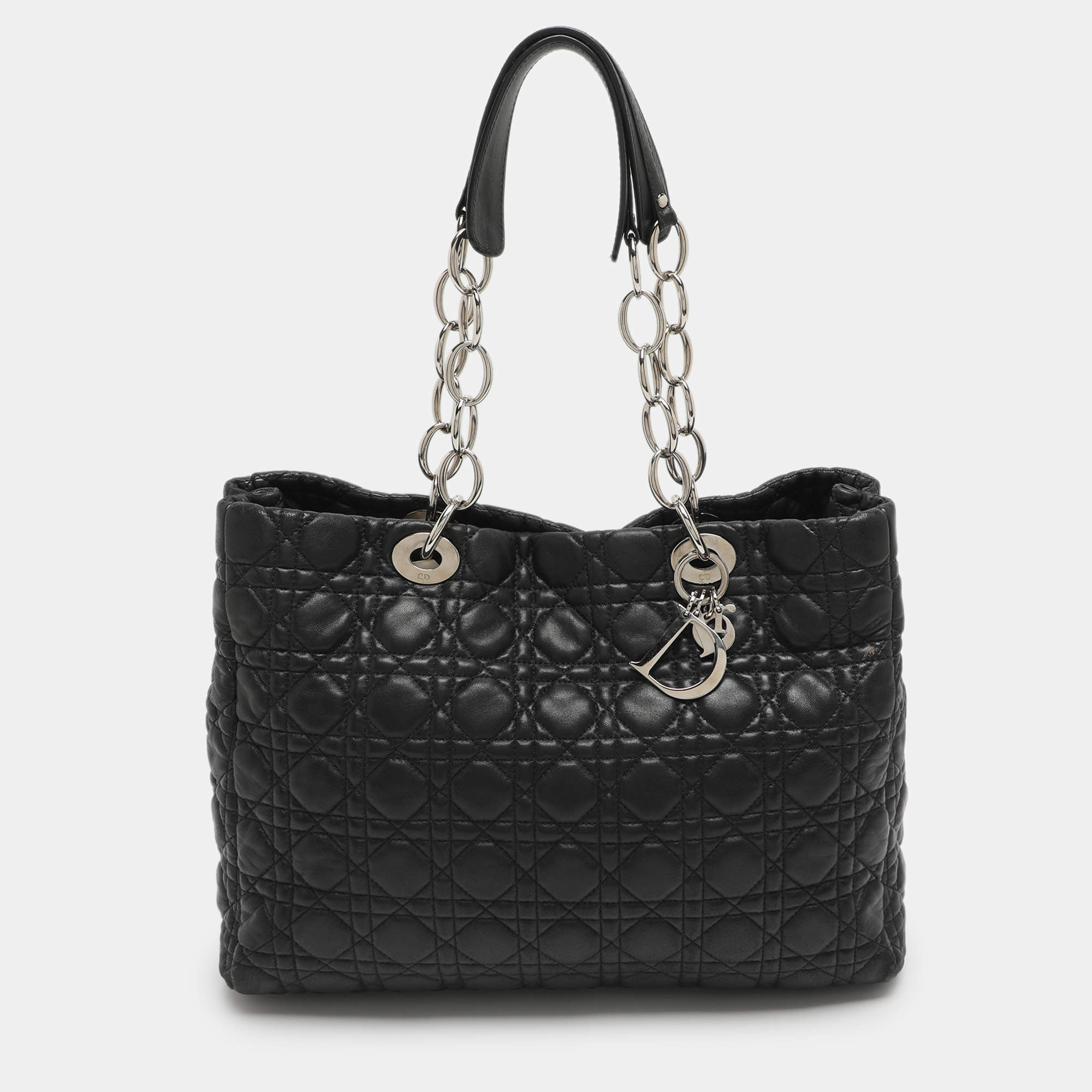 Pre Owned Dior Black Soft Lady Dior Large Cannage Leather Tote