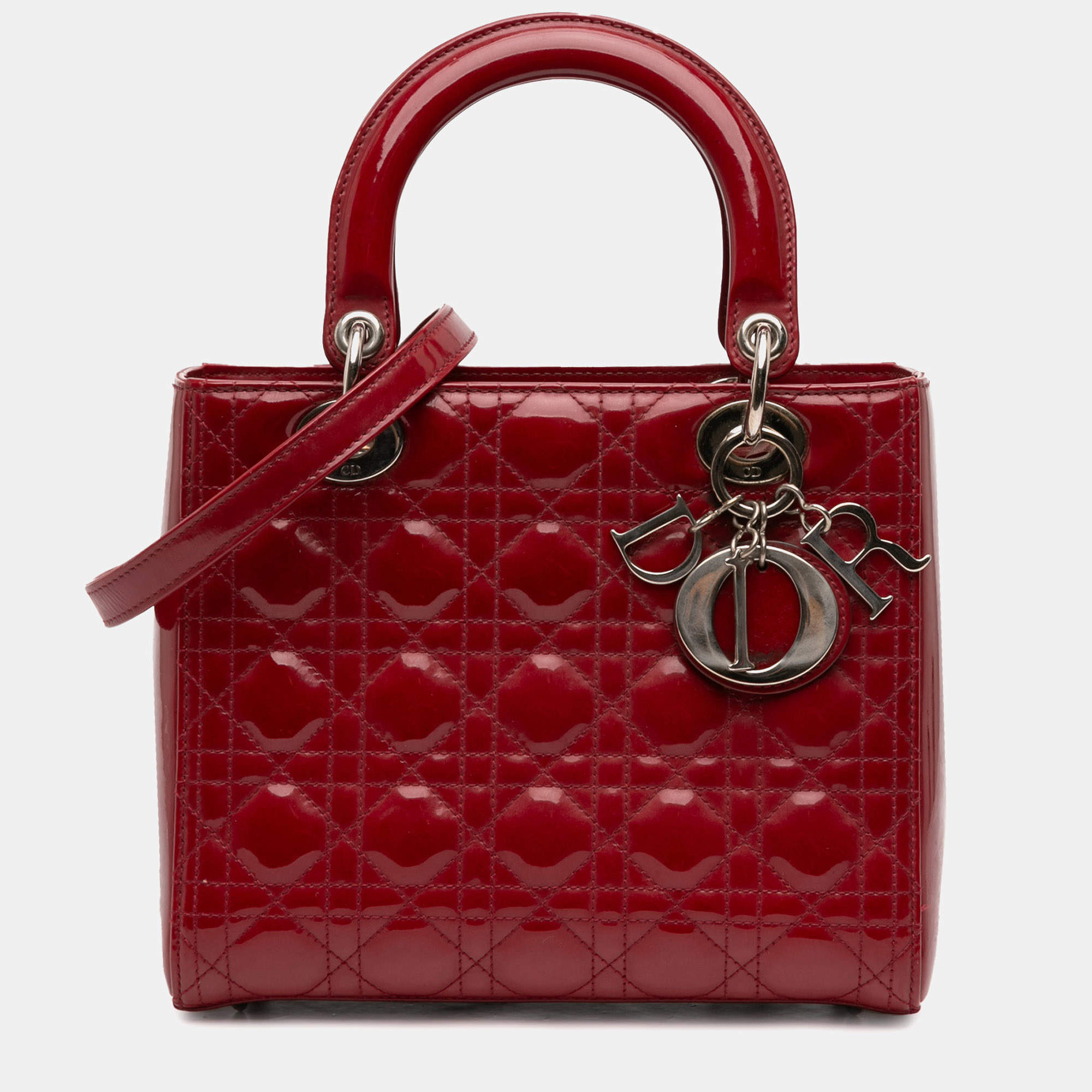 Pre Owned Dior Red Medium Patent Cannage Lady Dior