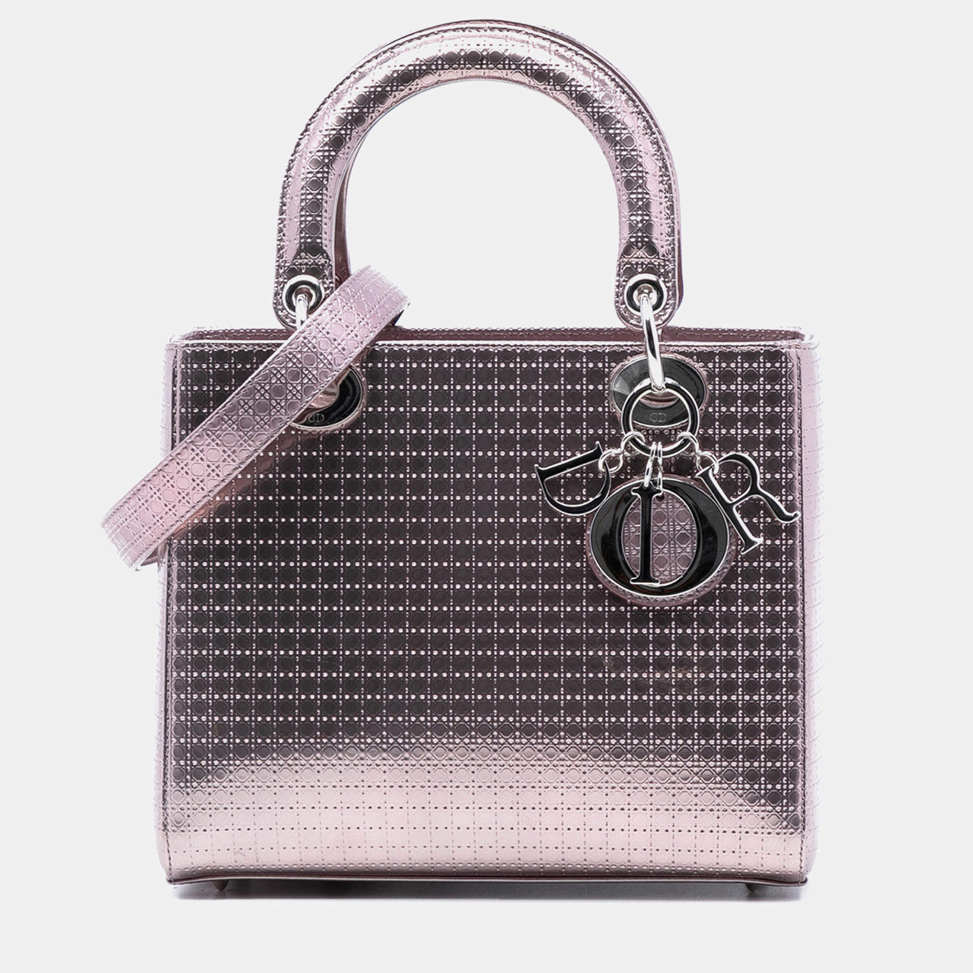 Pre Owned Dior Pink Medium Metallic Patent Microcannage Lady Dior