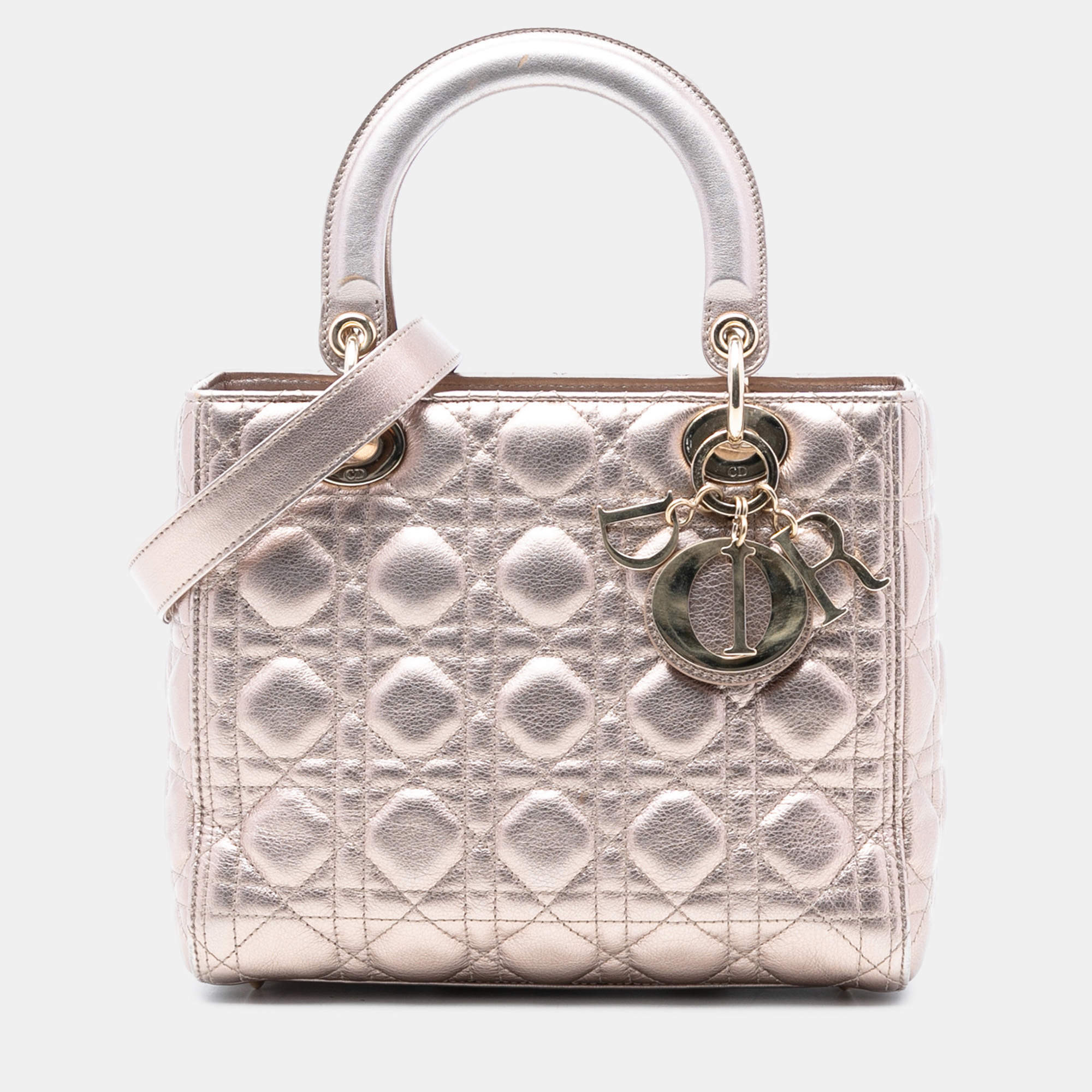 Pre Owned Dior Pink Medium Metallic Lambskin Cannage Lady Dior